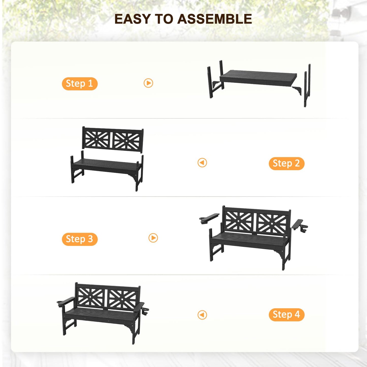 nalone Outdoor Bench with Cup Holders, HDPE All Weather Porch Bench Load up to 800 Lbs, 2-Person Garden Benches Rot-Proof Fade Proof for Patio, Porch, and Park (Black)