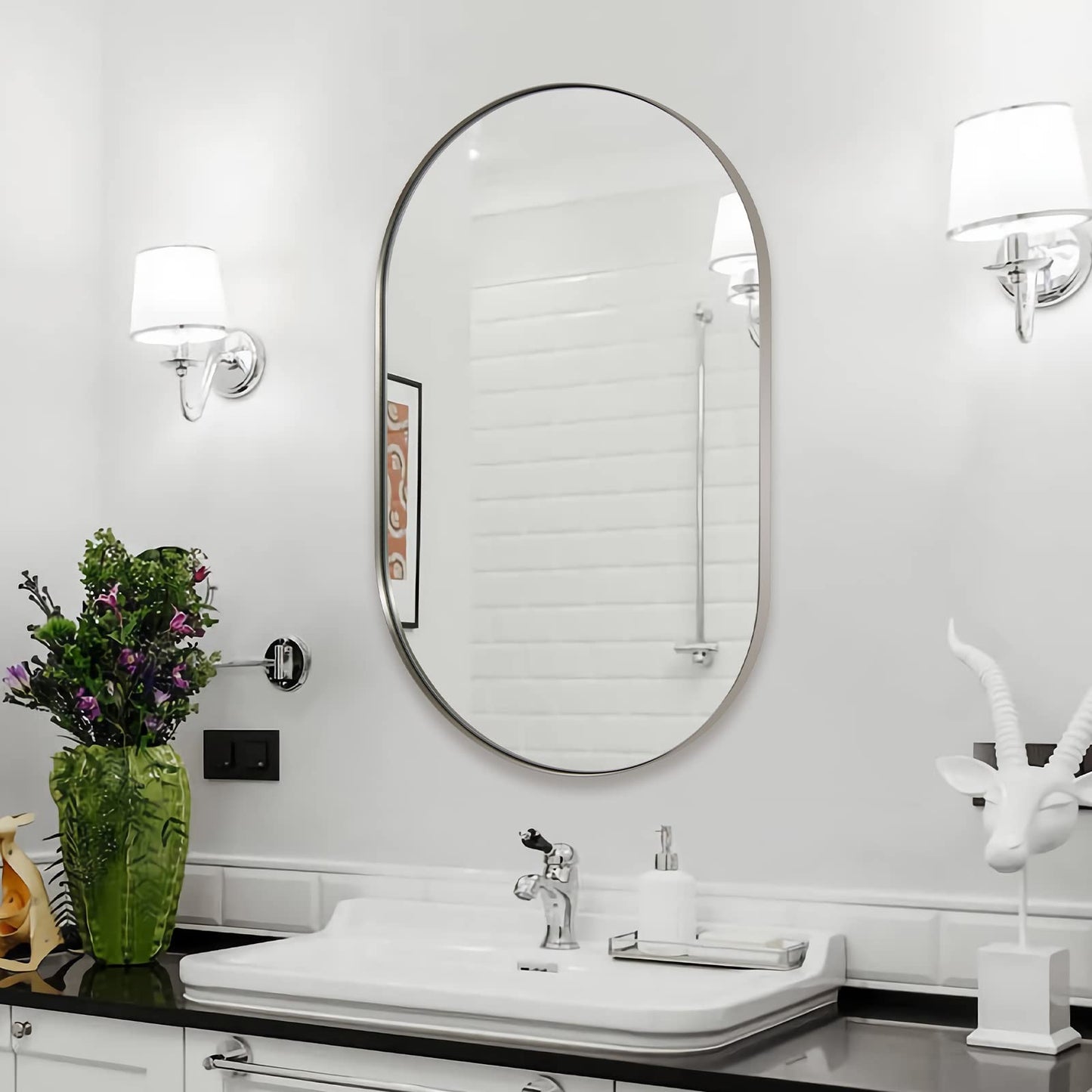 ANDY STAR Chrome Bathroom Mirror, 26x38’’ Oval Mirrors for Bathroom, Pill Shaped Mirror Chrome Metal Framed, SUS304 Anti-Rust, 1’’ Deep Wall-Mounted Vertically/Horizontally