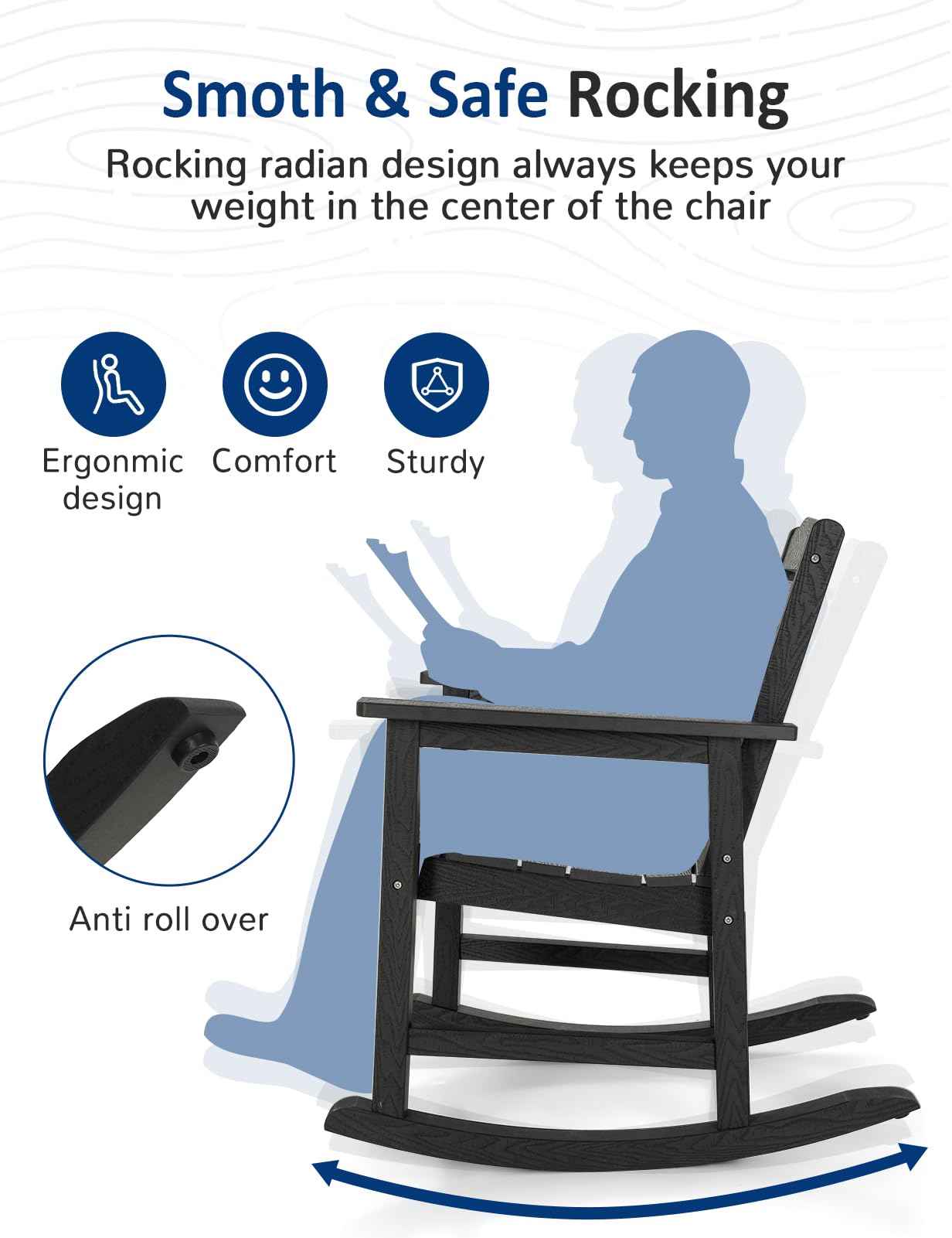 LAHAAP Weatherproof Patio Rocking Chair, HIPS Outdoor Rocking Chair for Adults, 400LBS Support Heavy Duty Porch Rocking Chairs for Garden, Lawn, Backyard, Outdoor and Indoor (Black)
