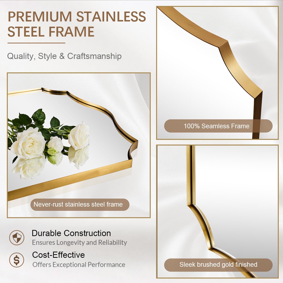 ANDY STAR 24x40 Inch Gold Mirror, Brushed Gold Bathroom Mirror, Antique Brass Rectangle Mirror, Large Wall Mirror Decorative for Bedroom, Living Room, Entryway, Wave Inspired Style