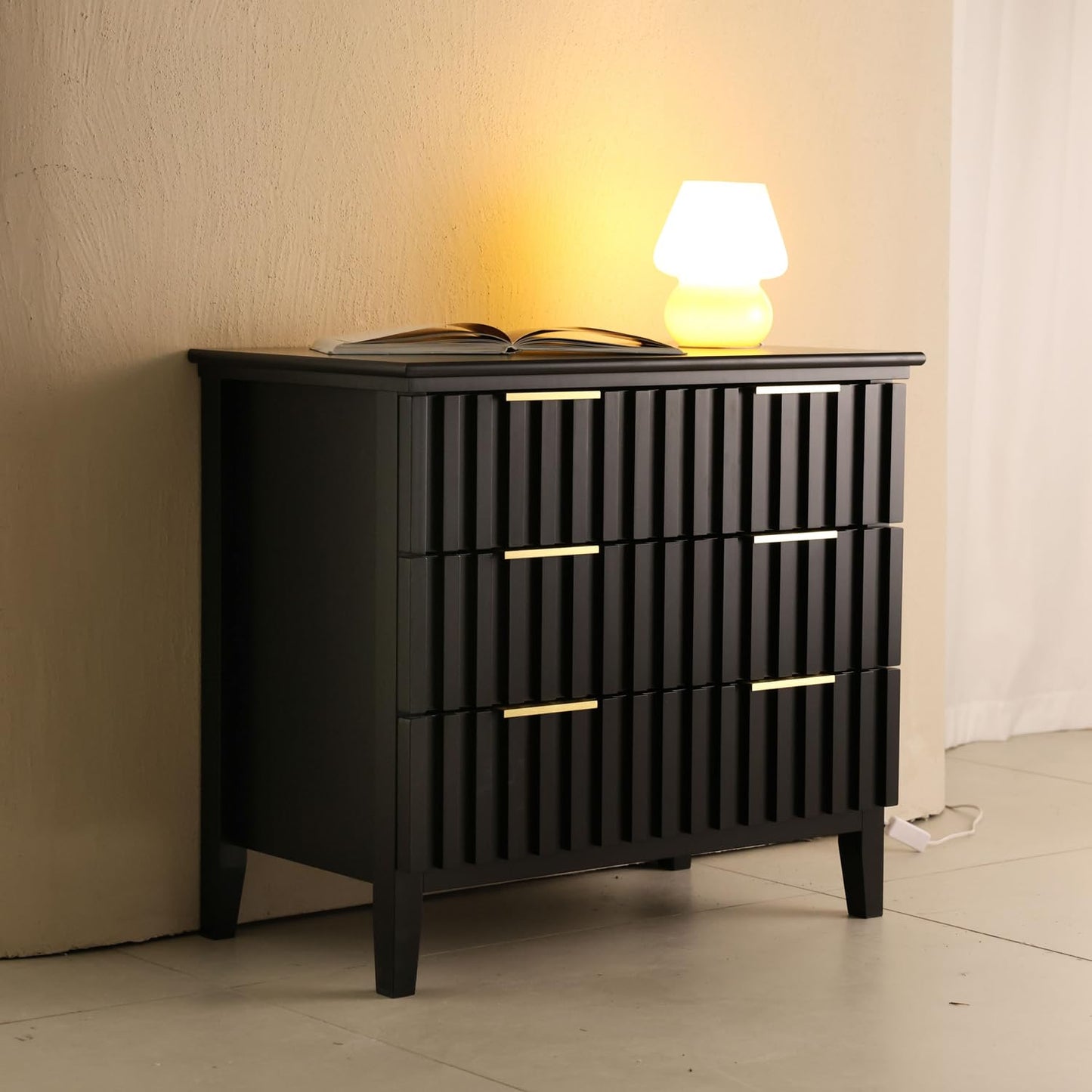LAZZO 3 Drawer Dresser, Wood Dresser Tall with Fluted Drawer Fronts, Golden Handles and Spacious Top Narrow Small Space Storage Chest Modern Storage Cabinet for Living Room, Bedroom and Closet Black
