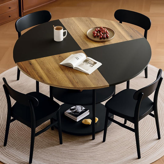 CLLASOU Round Dining Table for 4-6, Dining Room Table with Storage Shelf, Modern Wood Dinner Table with Metal Support for Dining Room, Living Room, Kitchen, Black & Rustic