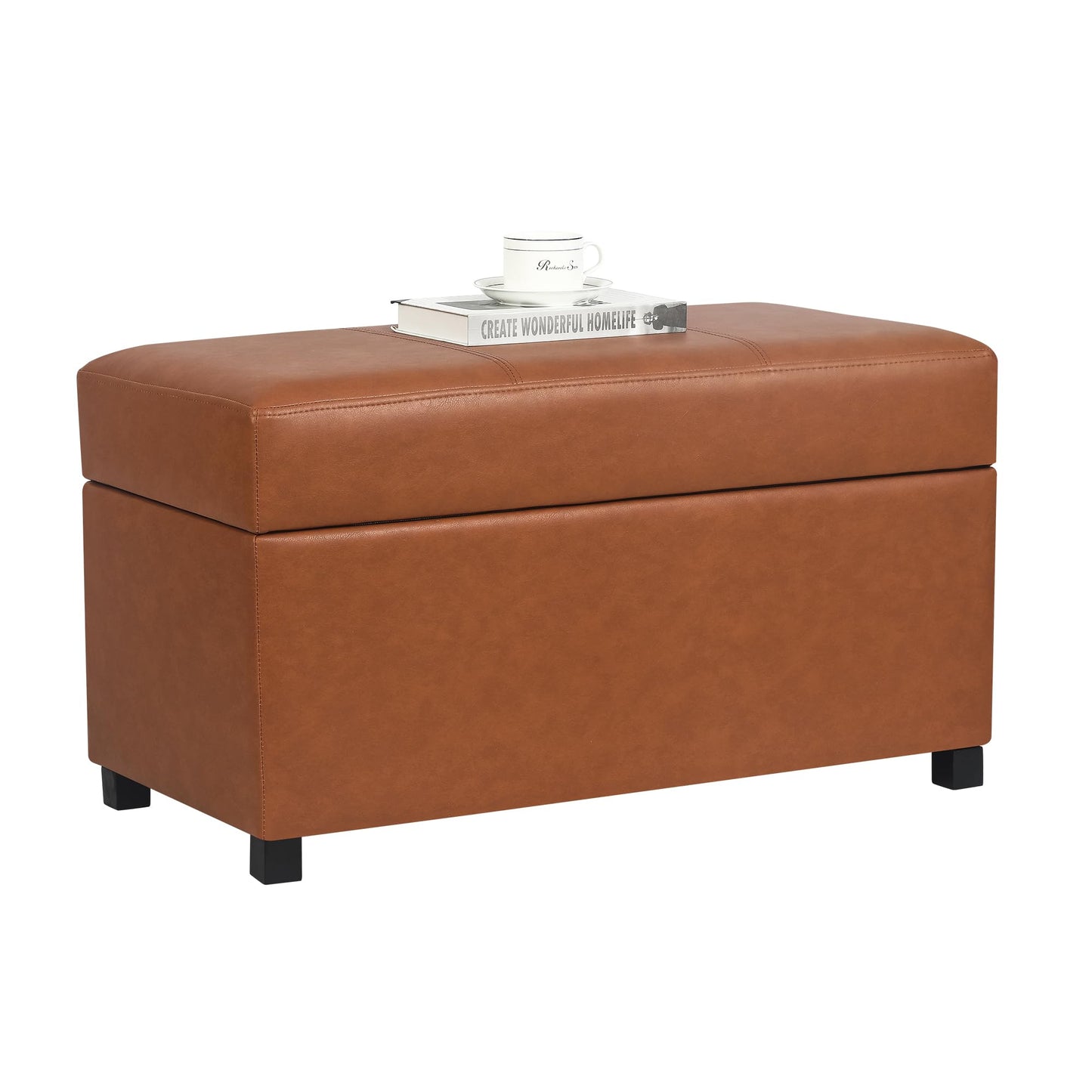 Joveco 32" Leather Storage Ottoman Bench, Rectangle Foot Rest Stool for Living Room, Bedroom, Entryway, Cognac Brown