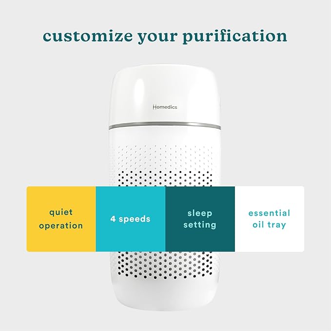 Homedics Air Purifier, 5-in-1 Tower Air Purifier, 99% HEPA-Type Filtration with UV-C Technology and Carbon Odor Filter, 4 Speeds, Essential Oil Aromatherapy Tray, for Medium Rooms