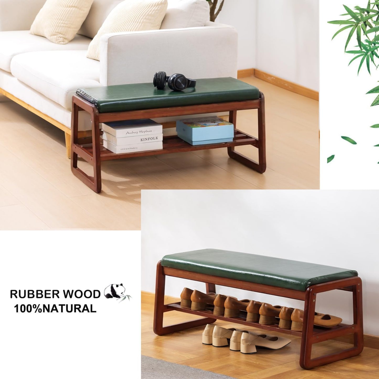 latifolia Solid Wood Bench, Entryway Shoe Bench with Cushion, 2 Tier Shoe Storage Organizer for Hallway, Living Room(Green,31.50''L)