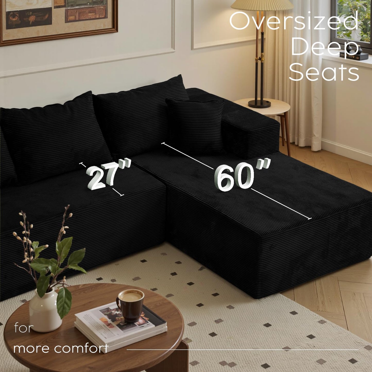 Black Cloud Couch Sectional Sofa in Box with L-Shape Chaise,Modern Modular Couches Upholstered with Deep Seat for Living Room,No Assembly Required