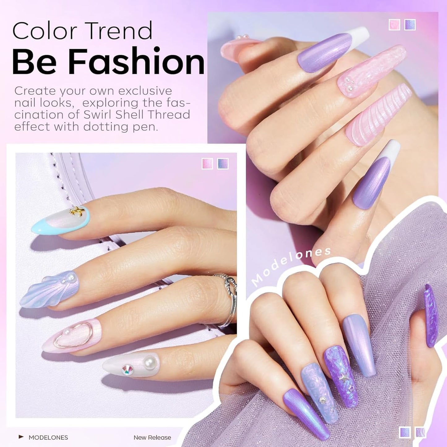 modelones Gel Nail Polish, 6 Colors Shimmer Pearl White Pink Purple Mermaid Nail Drawing Glitter Gel Polish with Dotting Pen Soak Off Led Nail Polish Swirl Shell Thread Effect Manicure DIY Gift
