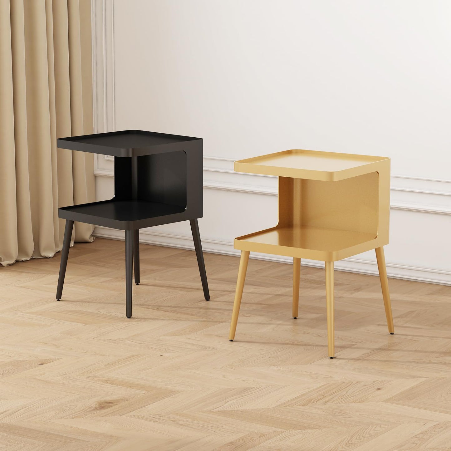 BAOGELIYA Black Modern Side Table, 2 Tier Small End Tables Bedroom, Metal Side Tables Living Room with 4 Legs, Black Nightstand Square Accent Table for Indoor Outdoor, Easy Assembly