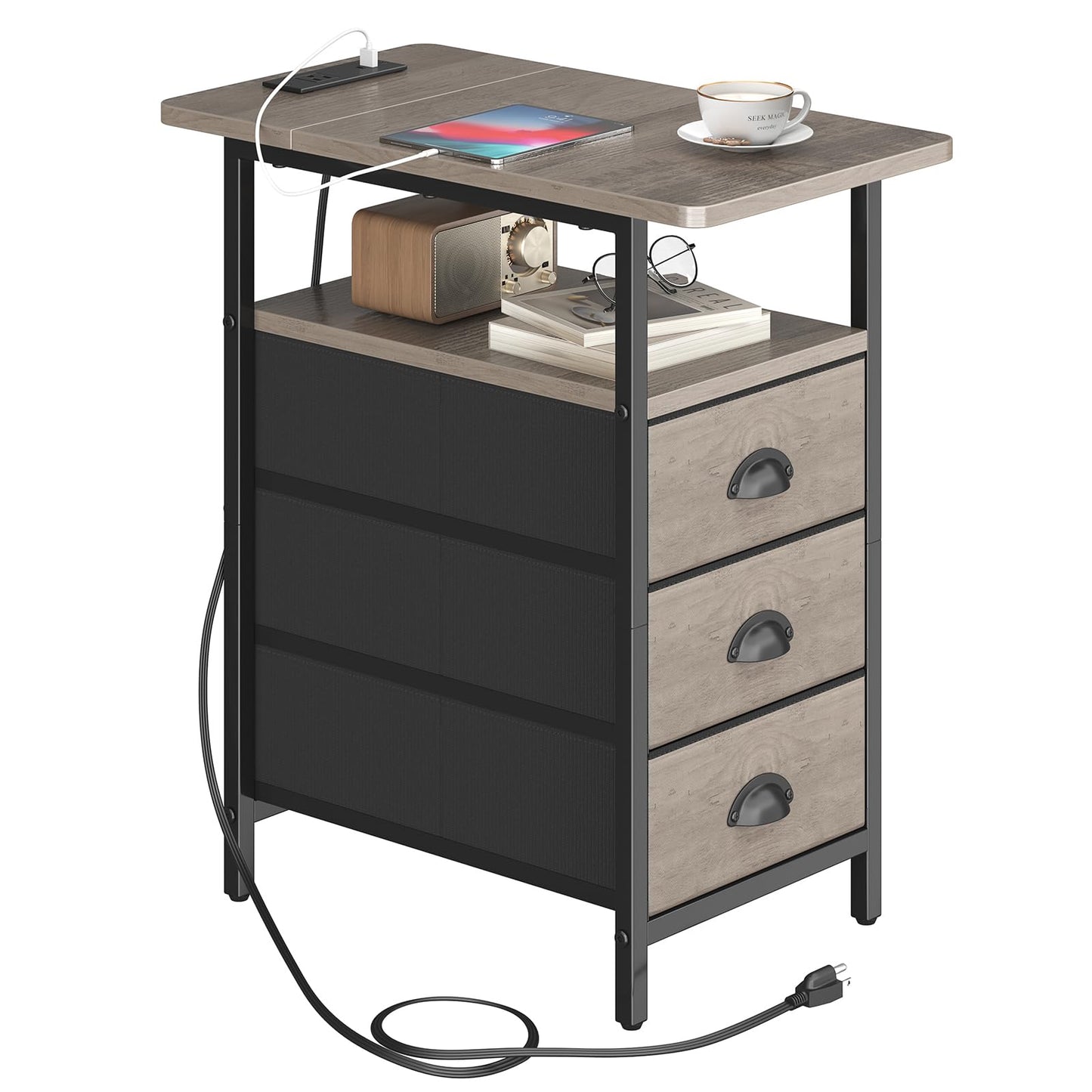sthmec End Table with Charging Station, Side Tables Livingroom with USB Ports and Outlets,Narrow Nightstands Bedside Tables with 3 Drawers for Small Space,Slim Sofa Table Bedroom,Grey