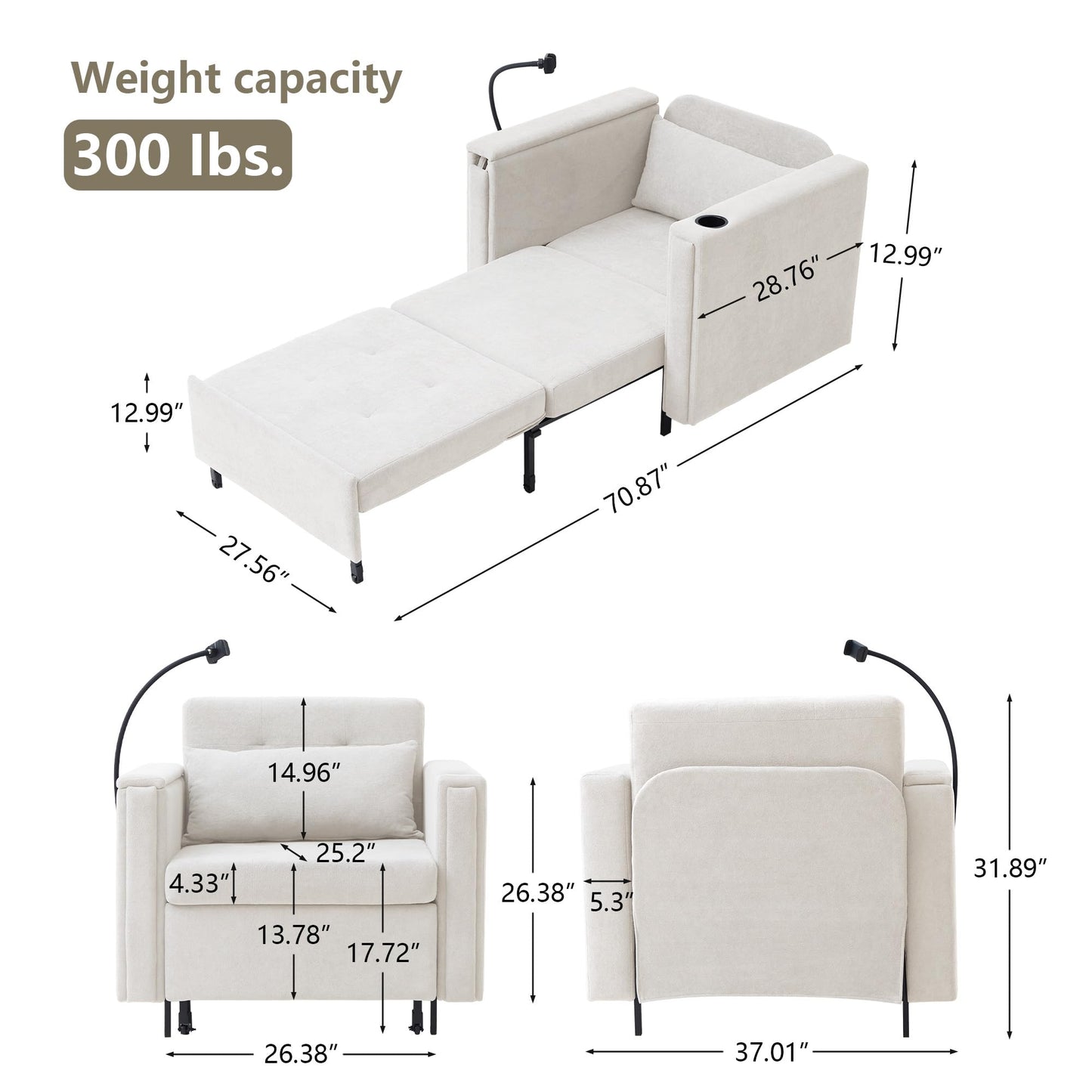 LEVNARY 3-in-1 Convertible Sleeper Chair Pull Out Bed, Single Sofa Chair Sleeper for Adults with Hidden Side Table, Modern Chenille Fabric Armchair for Bedroom Dorm Home Office (Beige)
