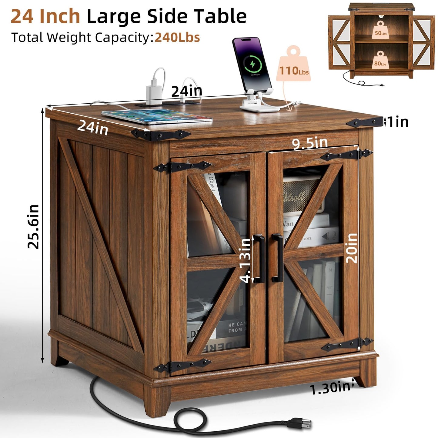 Joaxswe Farmhouse End Table with Charging Station Set 2, 24" Large Sofa Side Table with Glass Barn Door, Nightstand with Adjustable Storage Shelf,Wood Square Bedside Table for Living Room,Bedroom