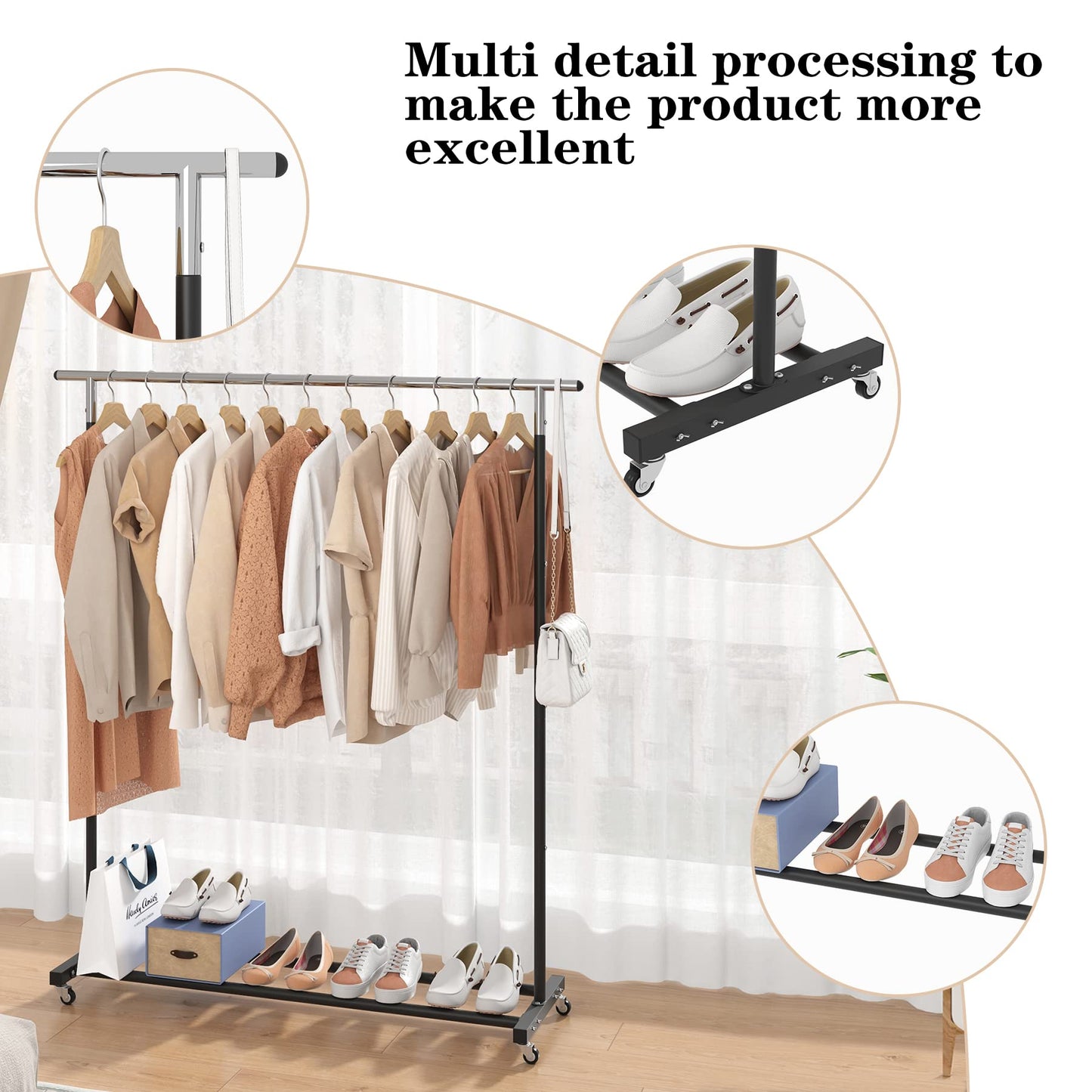 Buzowruil Metal Rolling Clothing Rack Adjustable Freestanding Garment Organizer with Wheels, Space-Saving Design for Home, Closet, Office, or Retail,Black