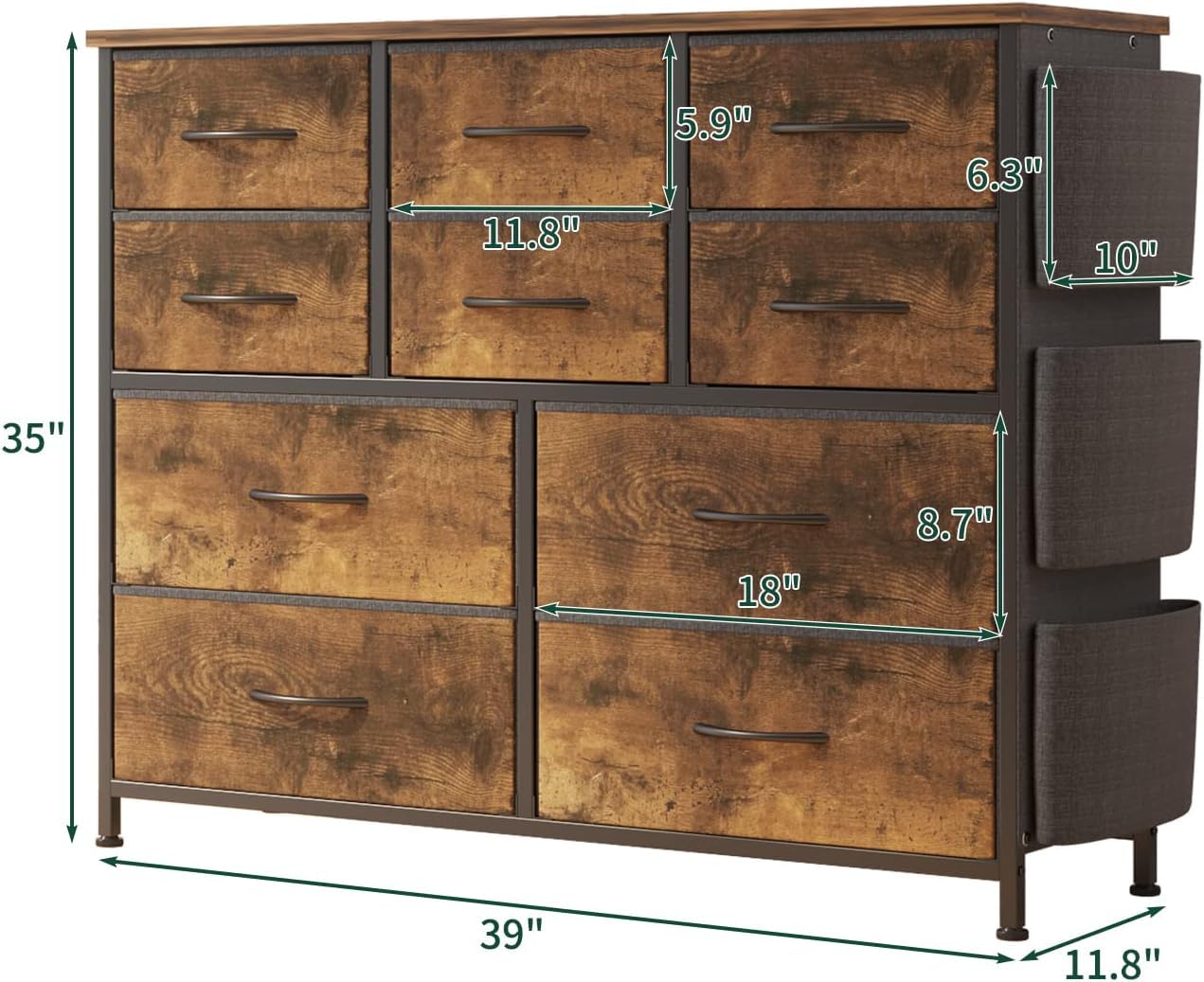 Dresser for Bedroom, 10 Drawers Fabric Storage Drawer, Dressers & Chest of Drawers with Side Pockets, Hooks, Wood Tabletop for Closet, Living Room, Hallway (Brown)