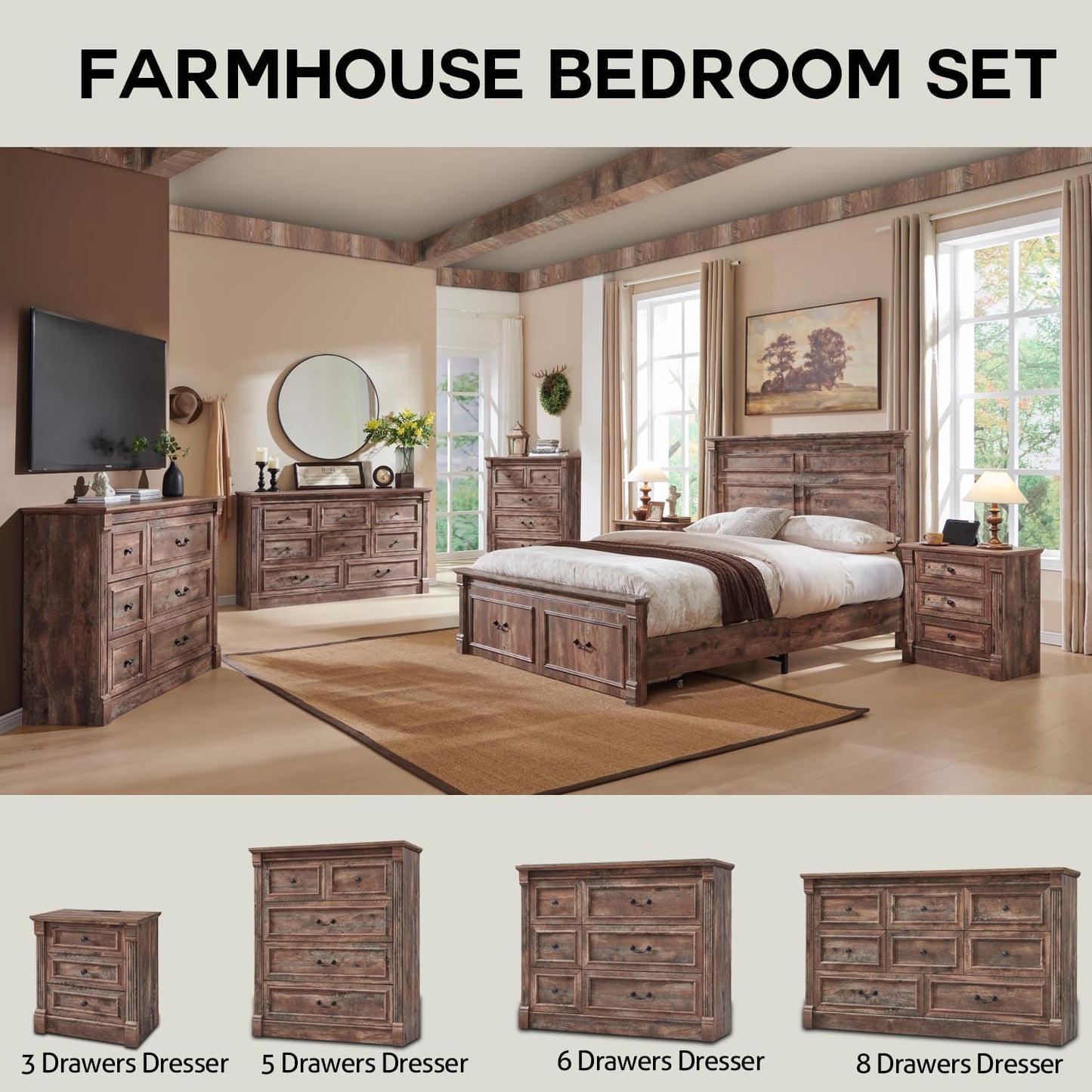 Aitjunz Farmhouse 7 Drawers Dresser for Bedroom, 57" Tall Large Dressers & Chests of Drawers w/Roman Column, Storage Dressers Organizer for Bedroom, Hallway, Living Room, Light Brown