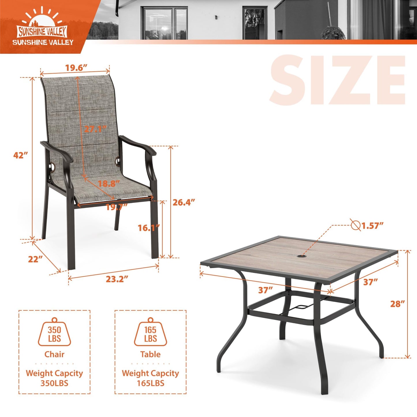 SUNSHINE VALLEY 5 Pieces Patio Dining Sets for 4 Person, Outdoor Table and Chairs Set with Wood-Like Patio Dining Table(1.57" Hole) & 4 Textilene Patio Dining Chairs, Outdoor Dining Sets for Deck