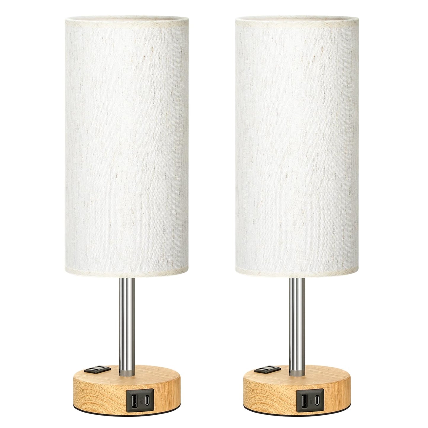 Touch Bedside Table Lamps Set - 3 Way Dimmable Bedroom Lamps Set of 2 with USB C and A Ports, Small Lamps for Nightstand with AC Outlet, Wood Base Round Flaxen Shade for Desk, Office, Dorm, Nursery