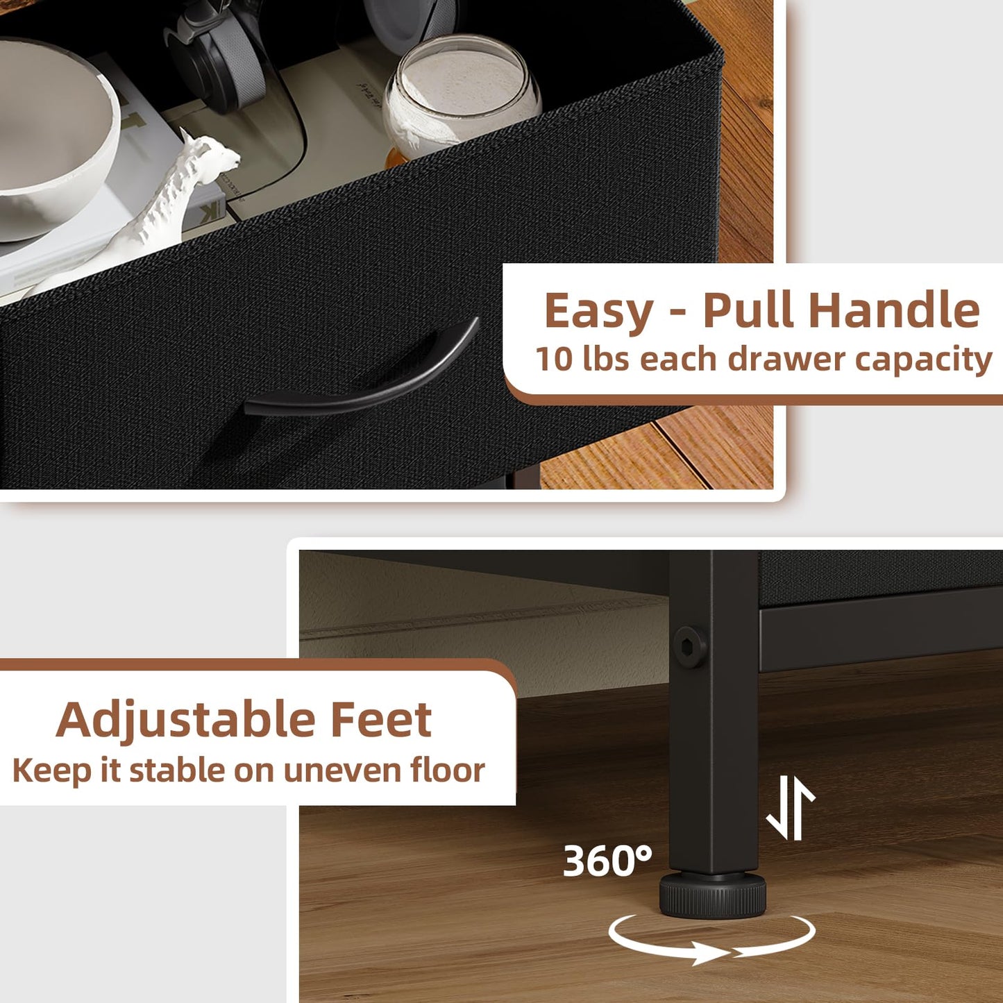 Somdot Black Nightstand, Small Dresser for Bedroom with 2 Drawers, Bedside Table Night Stand End Table with Fabric Bins for Bedroom Kids Closet Dorm Guest Room, Black Rustic Brown