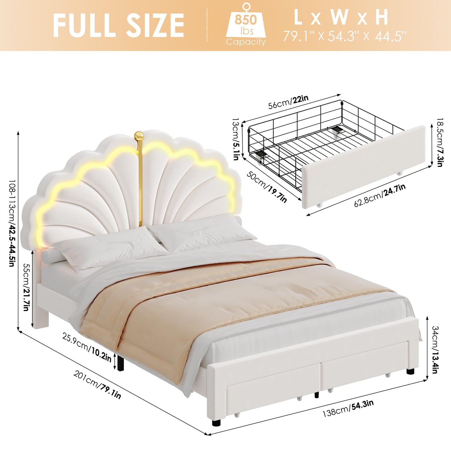 Keyluv Full Princess Bed Frame with Storage Drawers, Soft Velvet Upholstered LED Platform Bed with Adjustable Modern Shell Headboard, No Box Spring Needed, Noise-Free, Beige