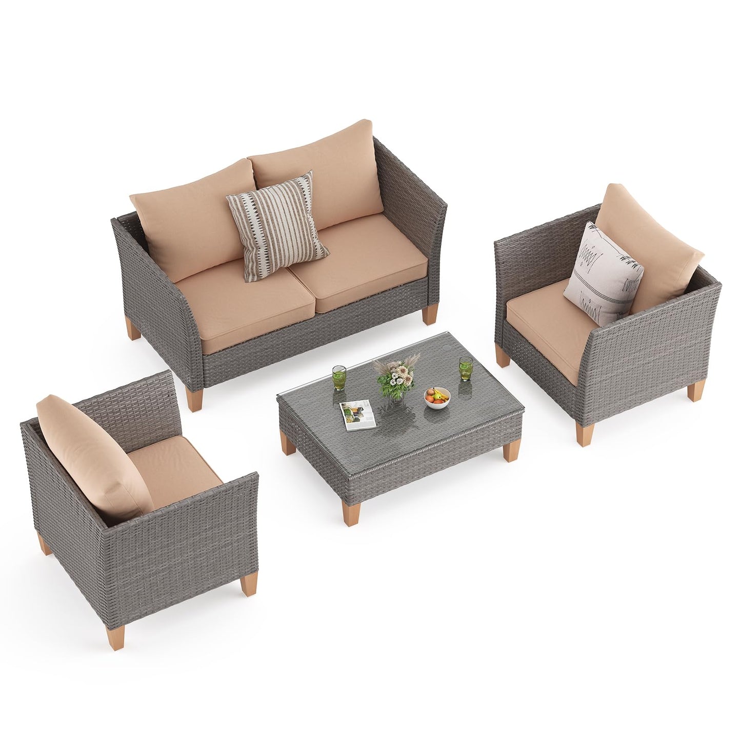 Soohow 5-Piece Patio Furniture Set, Outdoor Furniture with Coffee Table, Loveseat & 2 Single Chairs, 4-Inch Thickened Cushions with Water/Oil/Stain-Resistant Fabric (Beige Cushion + Gray Wicker)