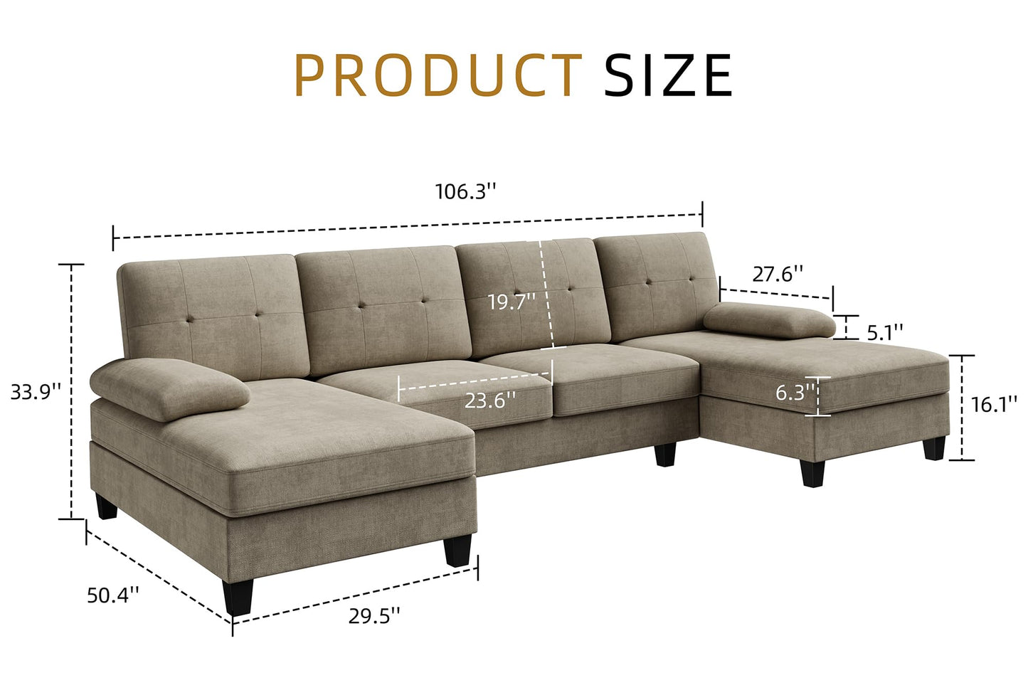 JAMFLY 106" U-Shaped Modern Sofa Modular Sectional Cloud Couch with Chaise, 4-Seat Deep Seat Sofa for Living Room, Bedroom and Apartment, Khaki