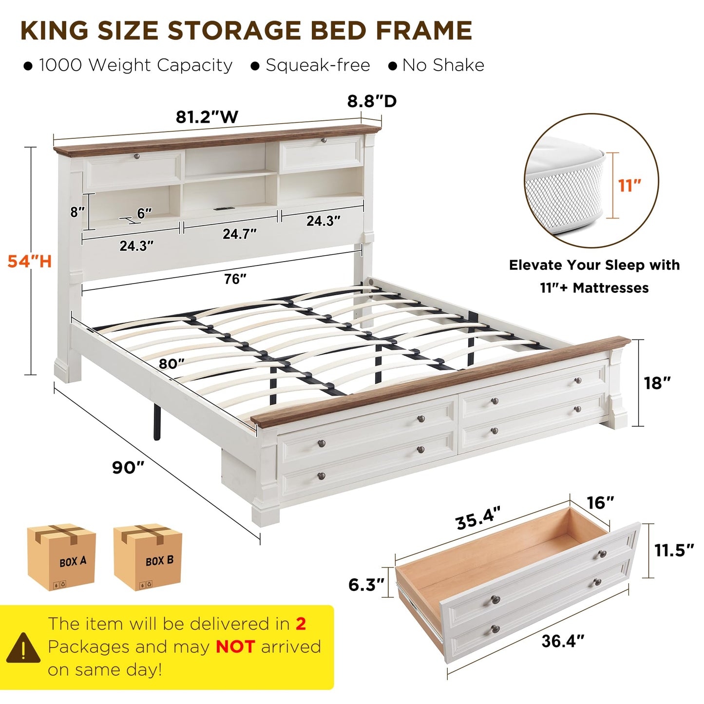 Farmhouse King Size Bed Frame with 54" Tall Storage Bookcase Headboard, Wood Platform Bed Frame with 2 Drawers & 18" Tall Roman Column Decoration Footboard, No Box Spring Needed(Antique White)