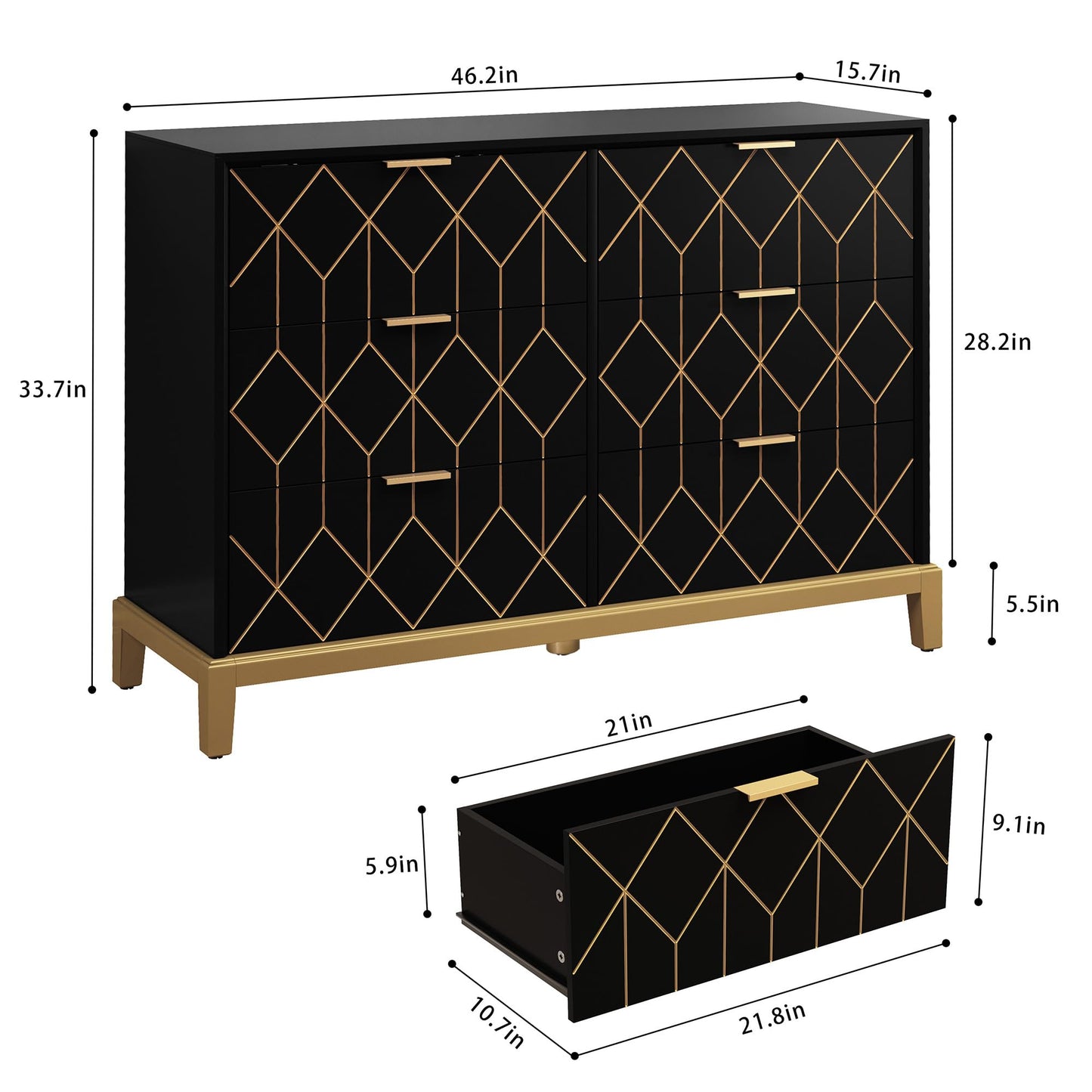HLR Black Dresser with 6 Drawers,48" Modern Dresser Wide Chest of Drawers with Gold Lines Carved Design,TV Stand, Wood Dressers & Chest of Drawers for Bedroom, Living Room, Hallway