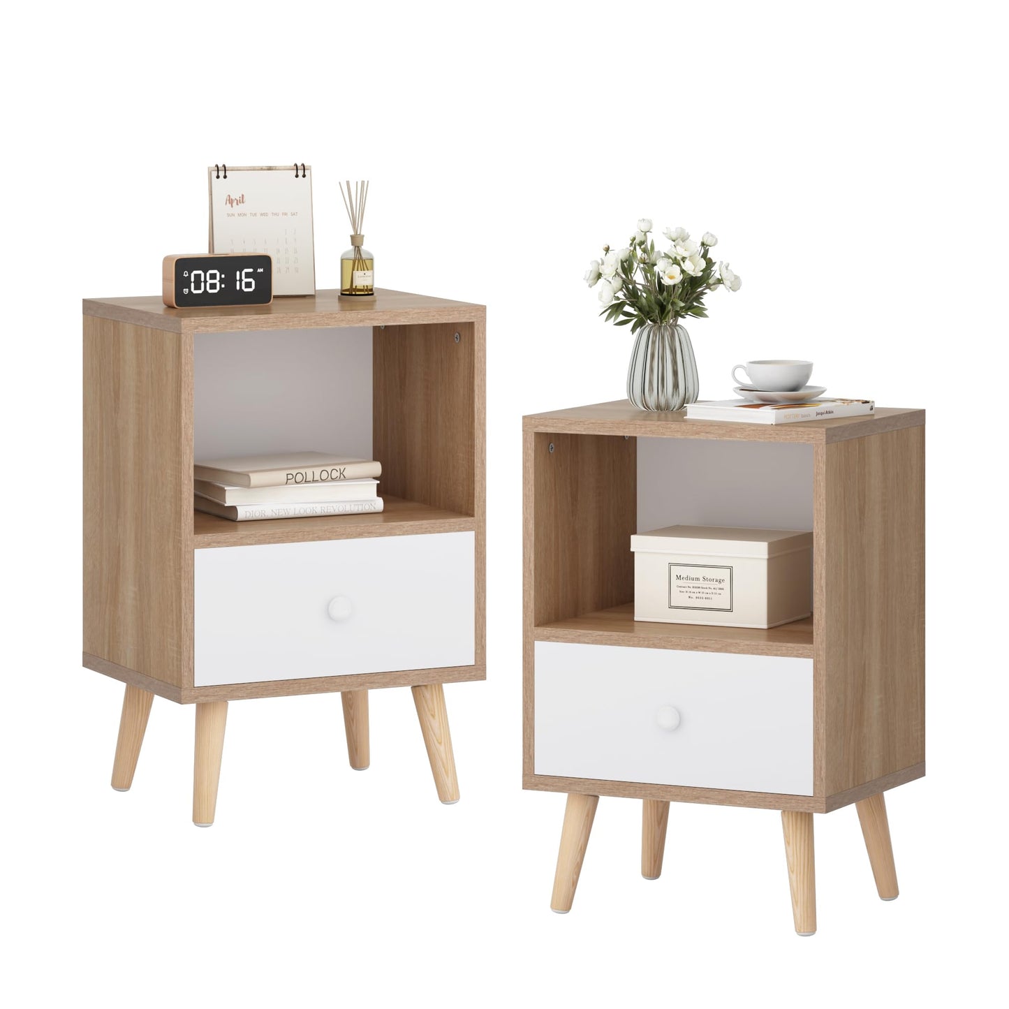 JAXPETY Nightstands Set of 2, Night Stand with Drawer and Open Storage Shelf, Bedside Tables with Solid Wood Legs, End Table, Side Table, for Bedroom(2-Pack, Natural)