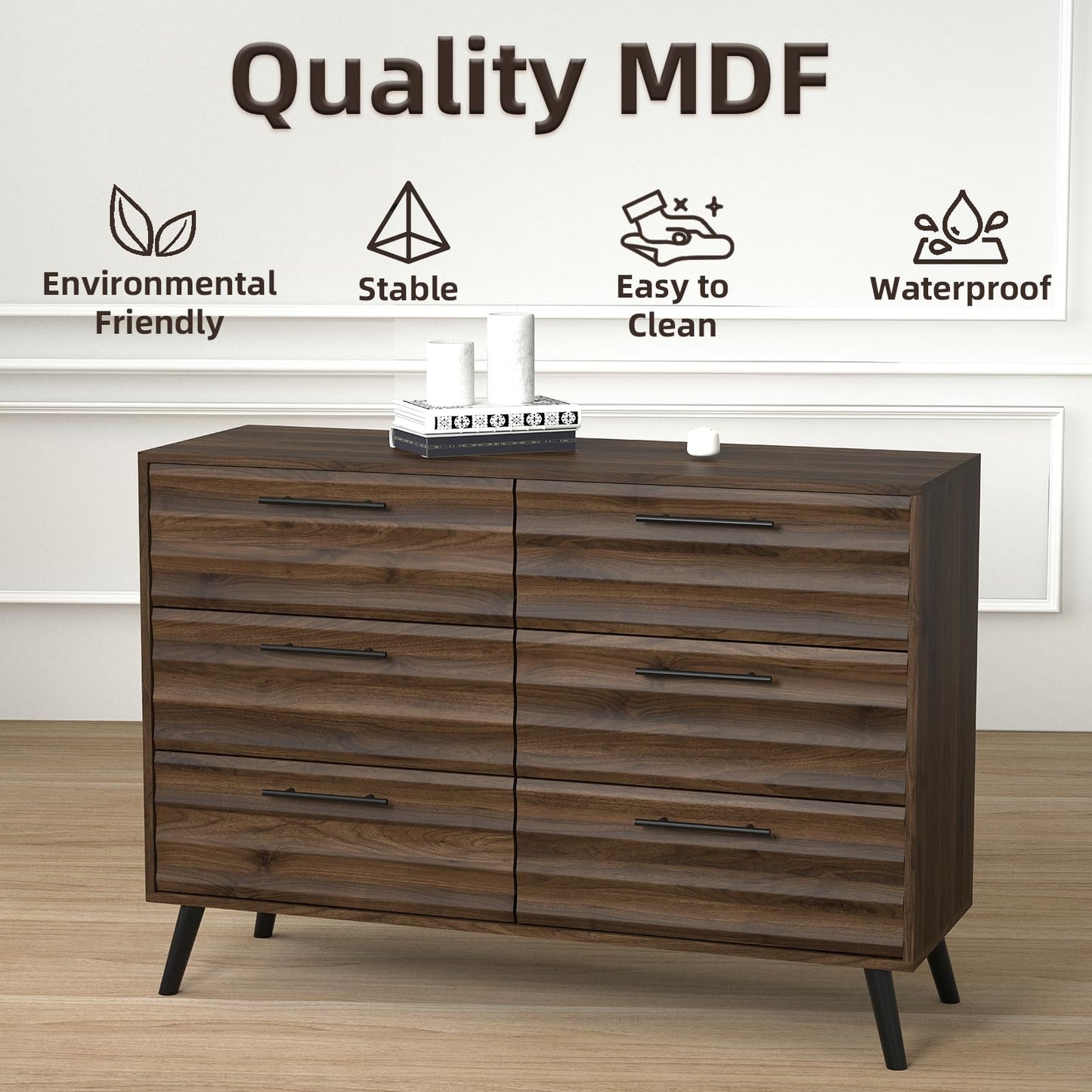 RQZ 6 Drawers Dresser for Bedroom, Walnut Chest of Drawers with Large Storage Capacity, Wooden Storage Dresser Organizer for Bedroom Nursery Living Room Hallway Closet (6-Drawer)