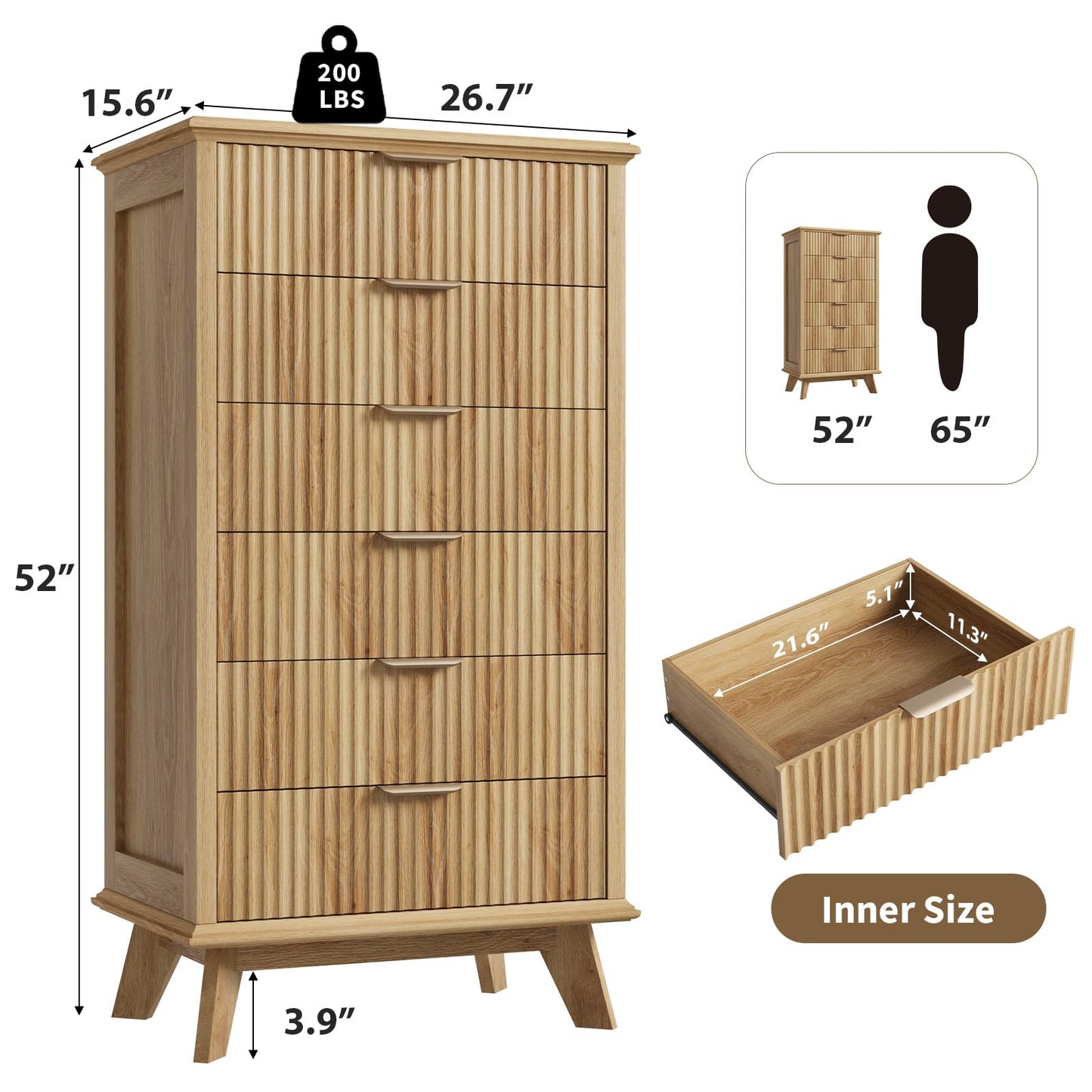 QUW Fluted 6 Drawer Dresser for Bedroom, Modern Tall Chest of Drawers with Metal Handle, Large Wood Storage Chest Organizer Accent Storage Cabinet for Living Room, Hallway, Entryway, Natural Oak