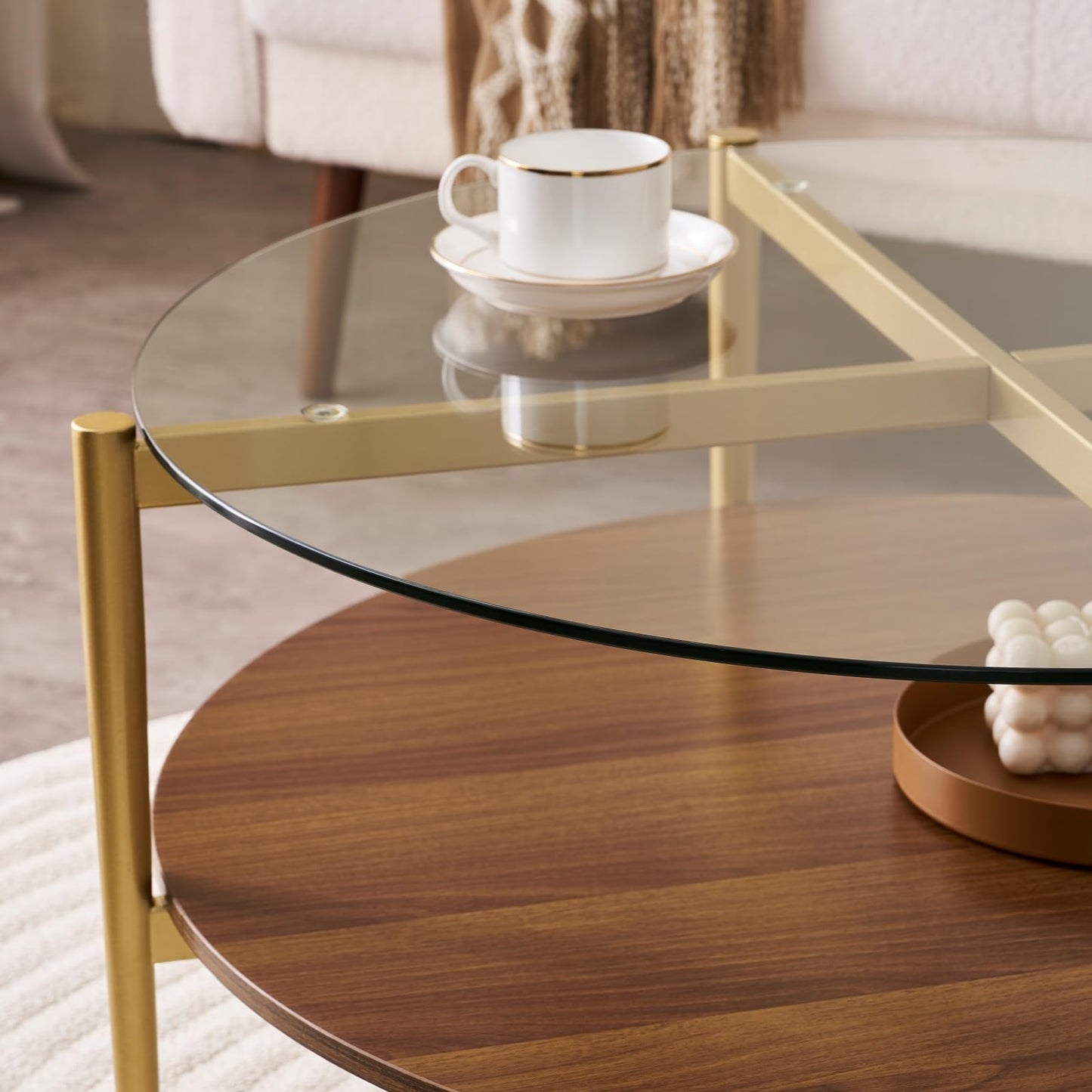 LumFurn Round Coffee Table, Mid-Century Modern Design, D30“ x H17”, for Living Room, 2-Tier Structure, Clear Glass Top and Walnut MDF Shelf, Sleek Conical Metal Legs with Gold Finish