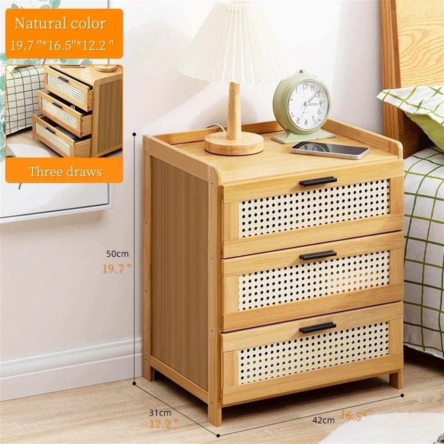 Boho Nightstand, End Table for Bedroom,Rattan Nightstand End Table,3Drawers Storage Ideal for Living Room and Small Space (Brown), for Home(Black)
