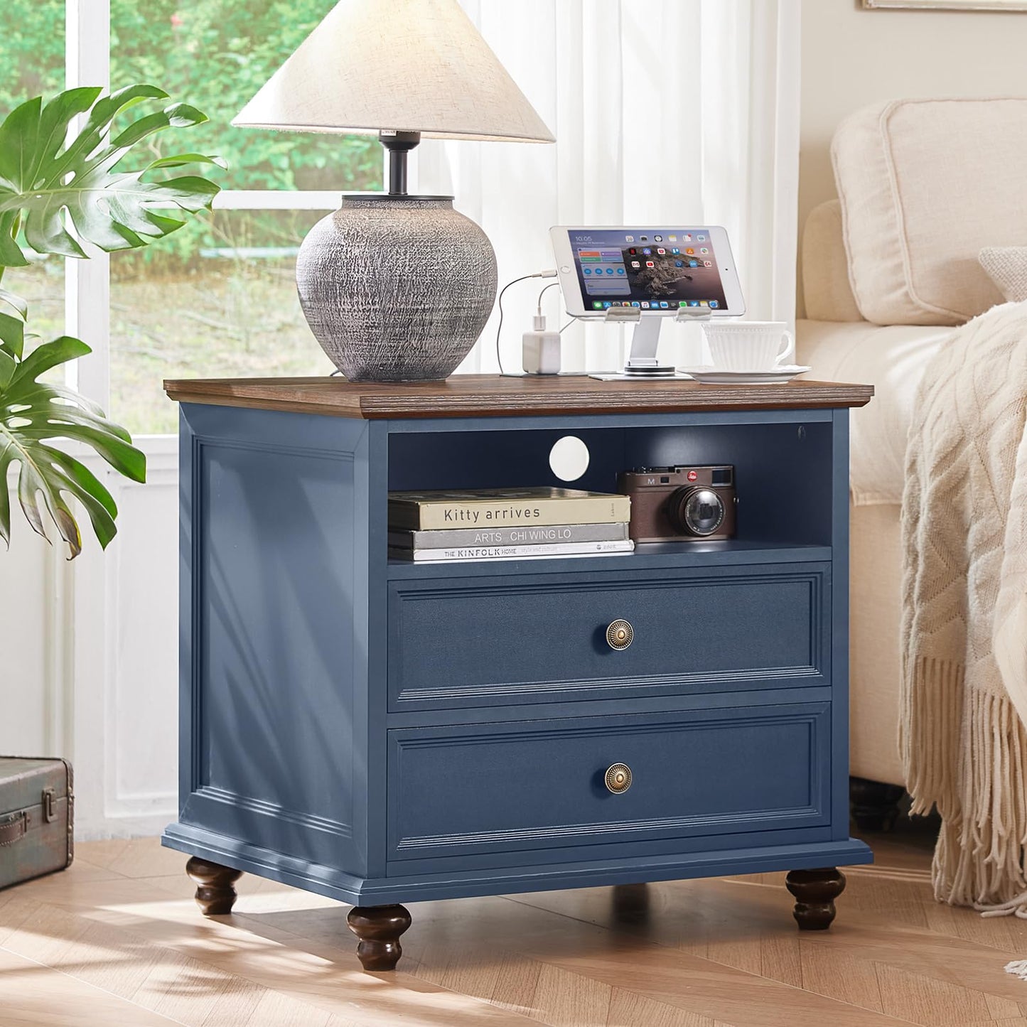 Joaxswe 24" Wide Farmhouse Nightstand with Charging Station, End Table with 2 Drawers, Blue Wood Dresser for Bedroom Cabinet, Bed Side Table Chest of Drawers, Night Stand for Living Room, Closet