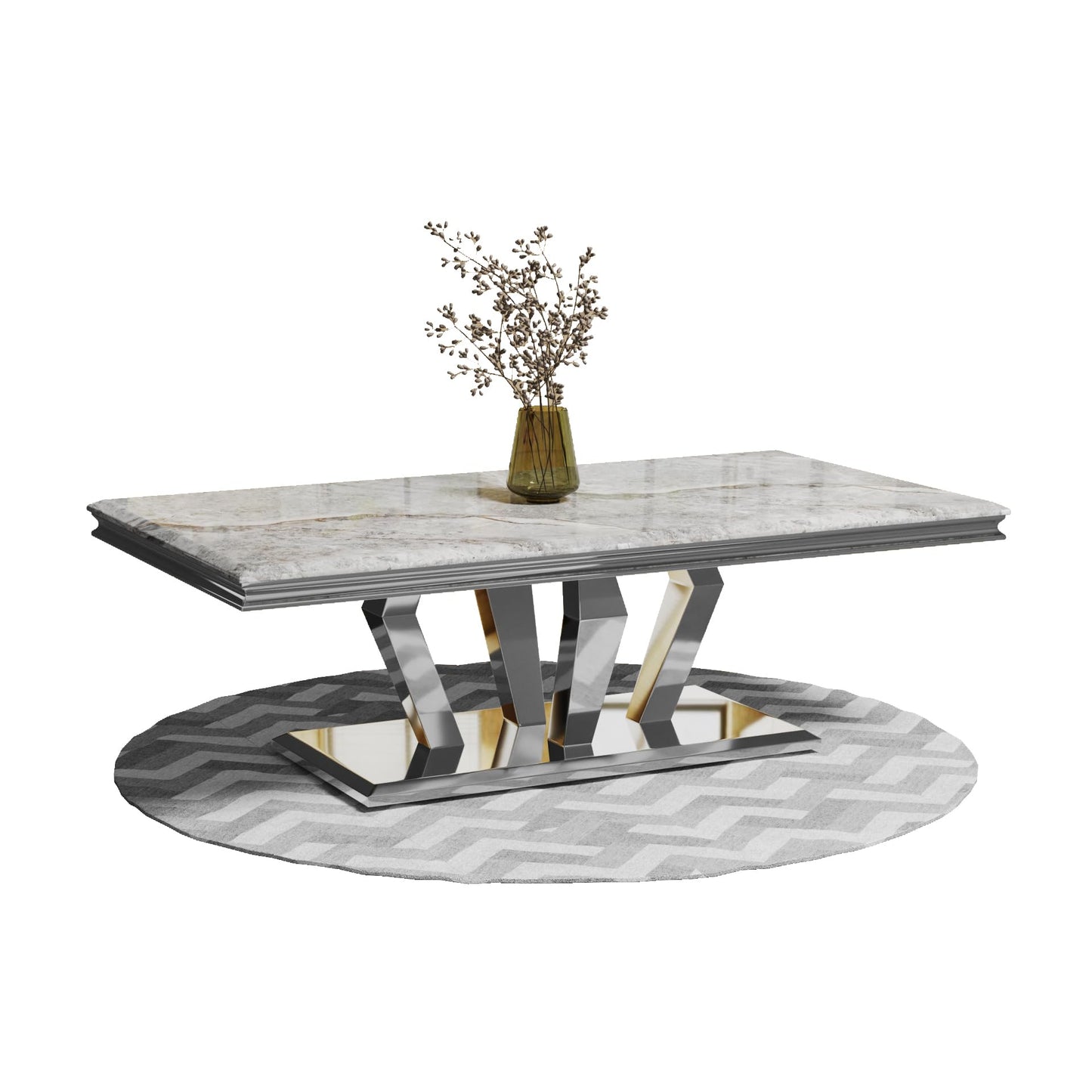 ACEDÉCOR Coffee Table, Silver Coffee Table with Four Geometric Mirror Bases, Rectangular CoffeeTable with Sturdy Metal Frame,48 inches Modern Coffee Table for Living Room, Office, Reception Room