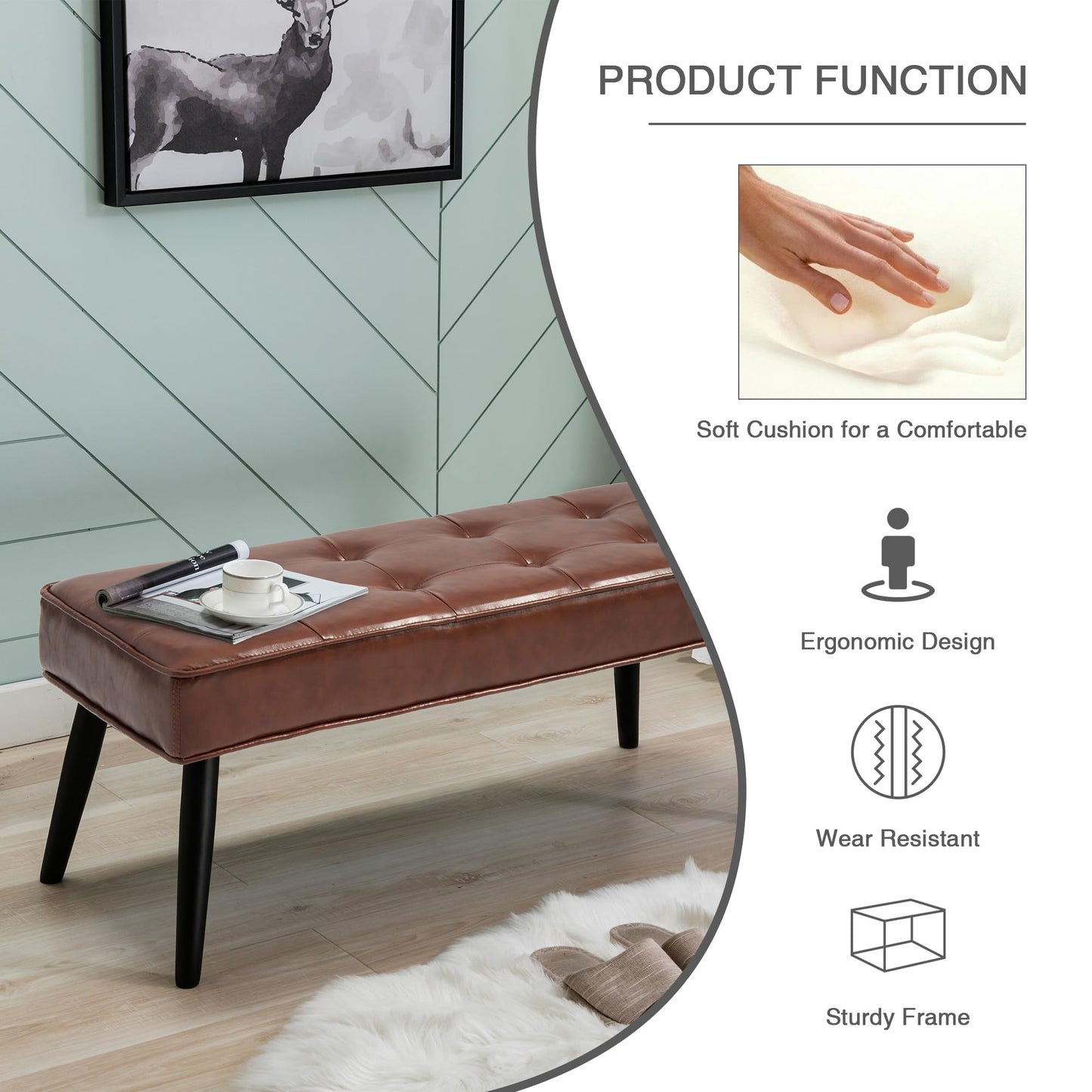 LOULENS 40'' PU Leather Tufted Ottoman Bench, Modern Upholstered End of Bed Bench, Waterproof Leather Entryway Bench with Wood Legs, Accent Footrest for Living Room, Brown