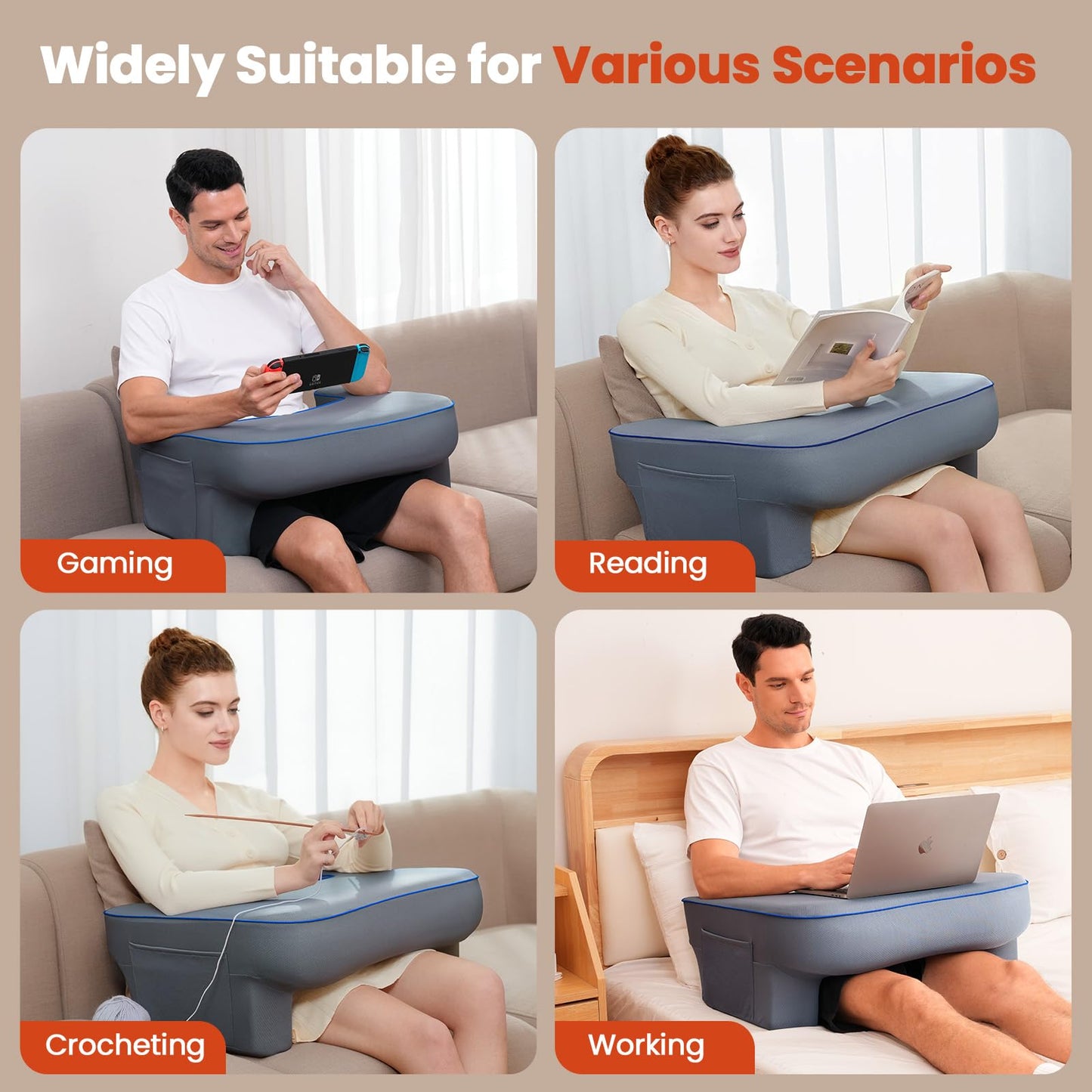 Keduwa Reading Pillow,Lap Desk Pillow for Laptop,Memory Foam Reading Pillows for Gaming, Arm Rest Pillow for Reading, Working, Crocheting, Playing Game or Sitting in Bed,Sofa (L-Blue)
