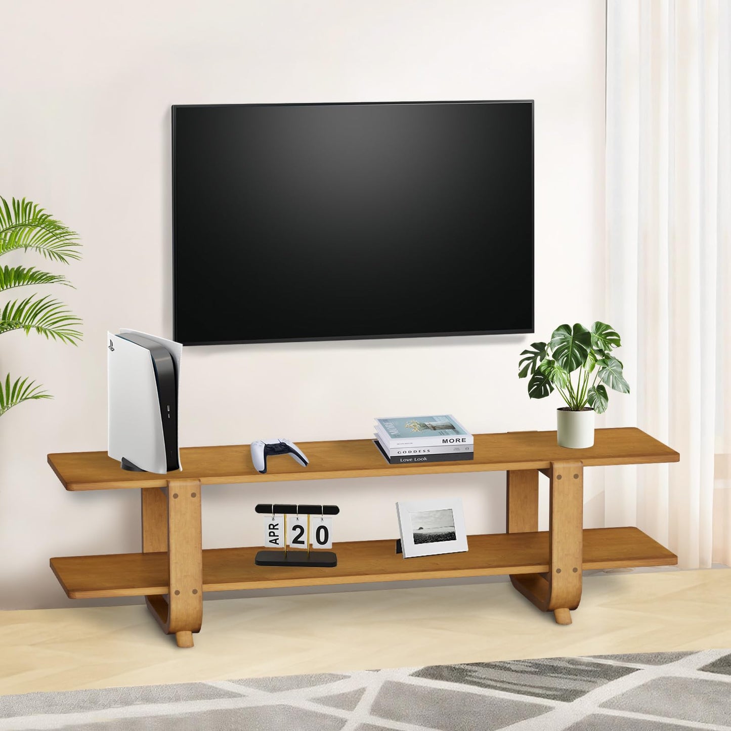 Mordchil HF Bamboo TV Stand for TVs up to 65", Accent Entertainment Center with Storage, Media Console Table with Shelf, Modern TV Stand for Living Room, Bedroom, 55"(L), Walnut