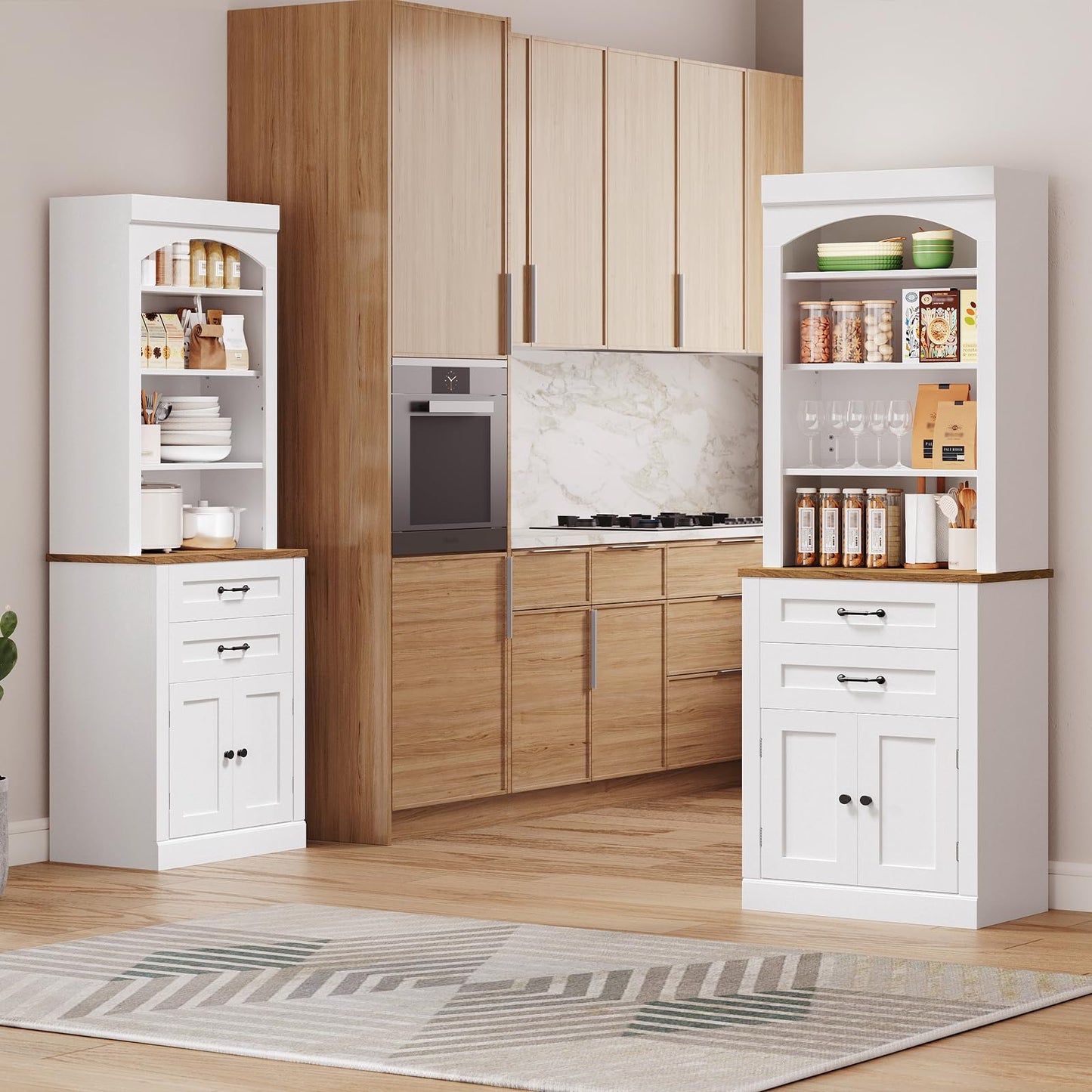 RALGEND Farmhouse Tall Bookshelf, 7 Tier Arched Bookcase with Drawers and Doors, Book Shelf with Storage Cabinet, Wooden Freestanding Open Display Bookshelves for Living Room, Office, White and Walnut