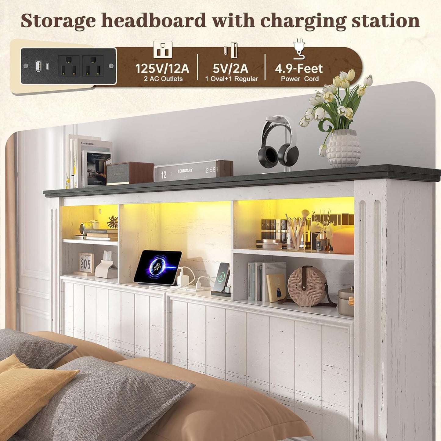 EnHomee Queen Bed Frame with Headboard, Bed Frame Queen Size with 4 Drawers Charging Port & LED, Farmhouse Queen Bed Built in Charging Station,No Box Spring Needed,NO Noise,White with Grain Marks