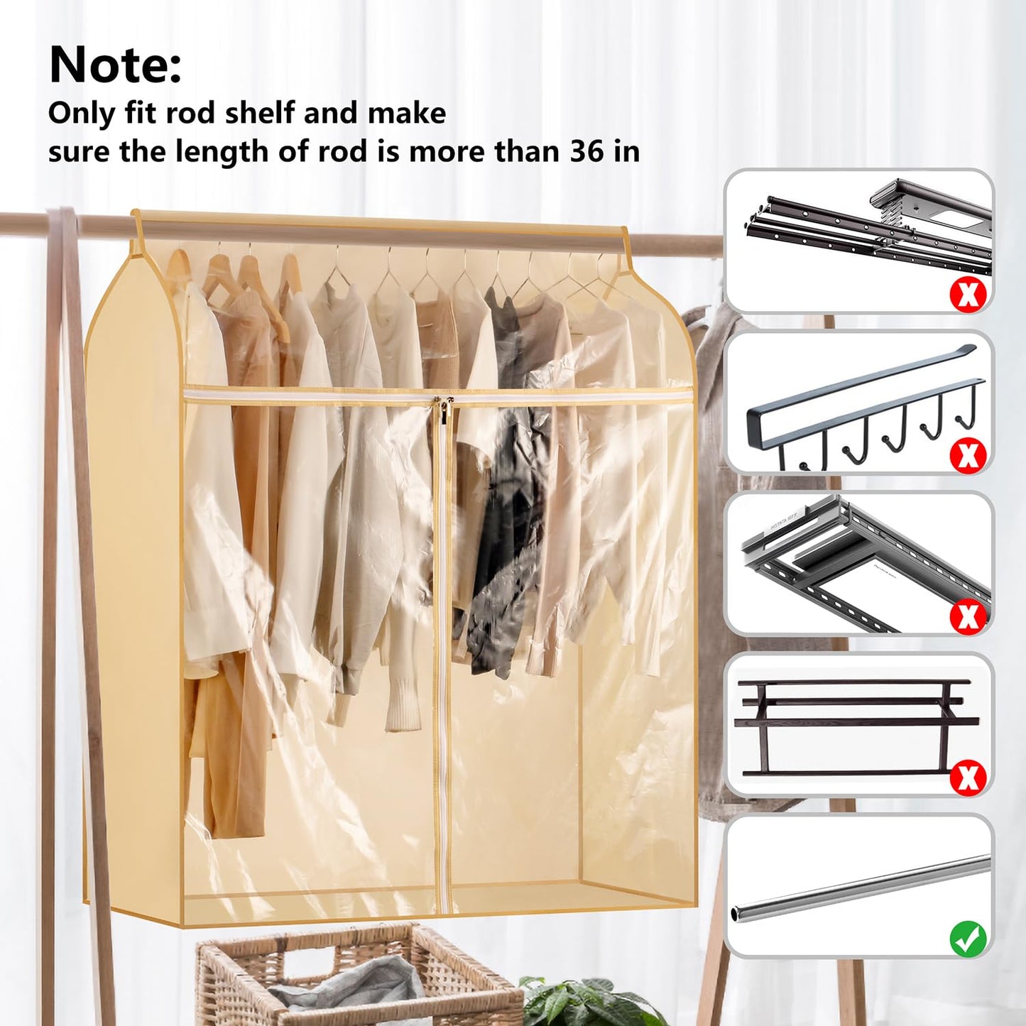 TEMUORG Garment Bags for Hanging Clothes Storage Closet Garment Rack Cover Dust Proof Coat Protector for Suits Jackets with Large Clear Window (Beige)