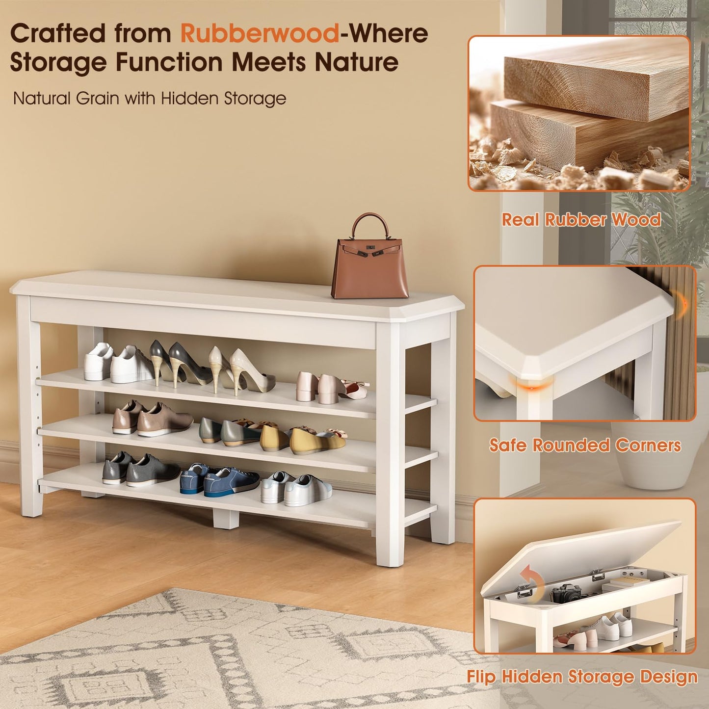 IUNVR Shoe Rack Bench Seat Rubberwood 3-Tier Wooden Storage Bench 550lbs Compact Mid-Century Modern Design for Entryway, Hallway, Closet, Front Door Entrance, Foyer