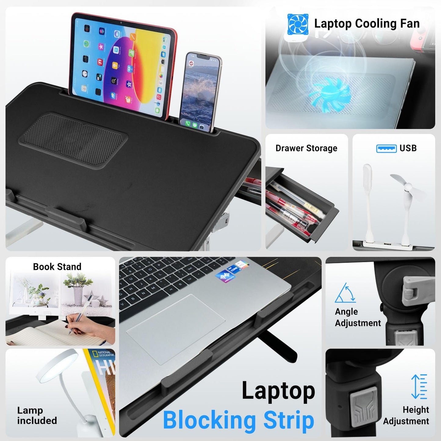 iXTRA Laptop Lap Desk with Cooling Fan - Adjustable with Light, USB, Storage Drawer - Folding Bed Desk,22.04"*12.59",Black