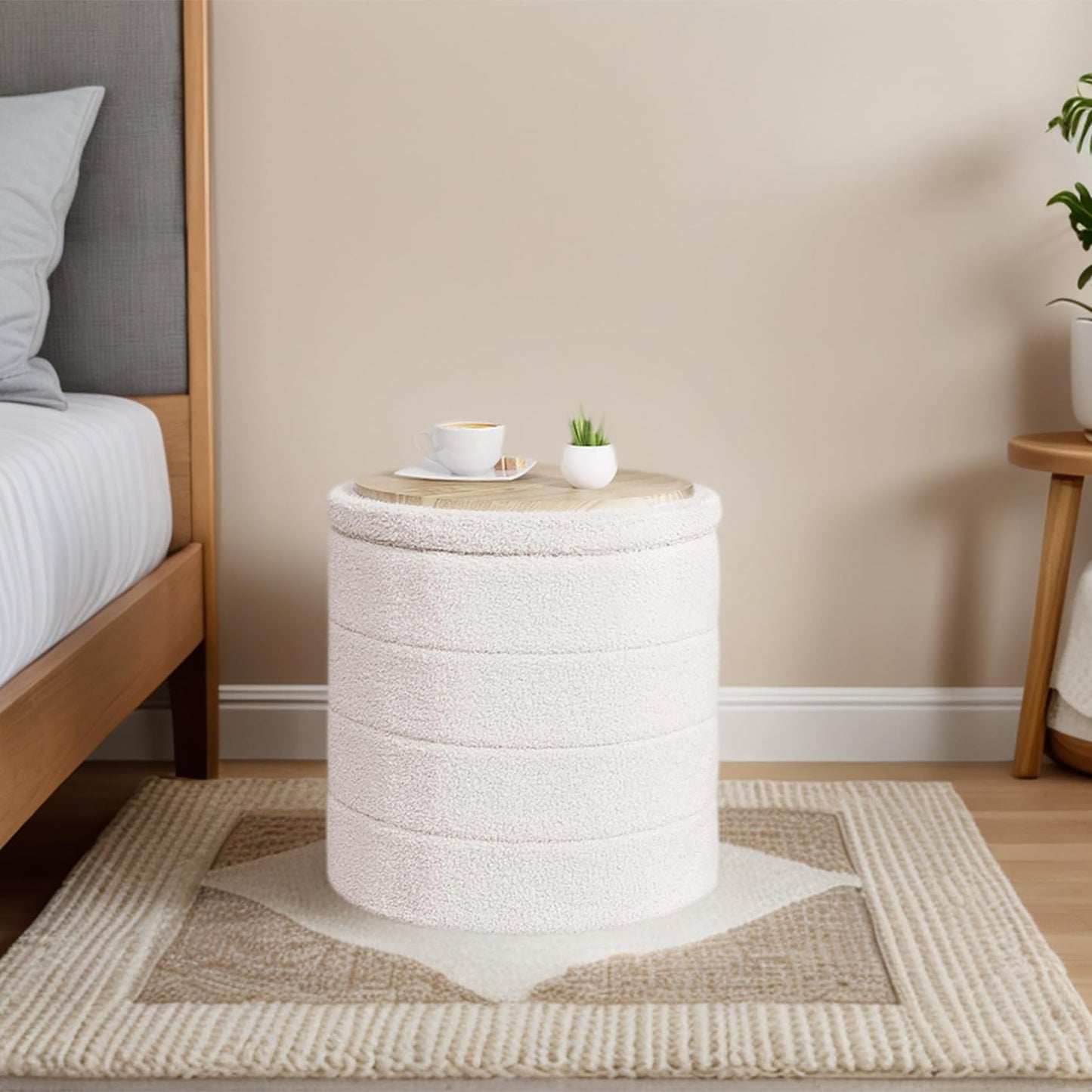 CAIPINFUL Round Ottoman with Storage, Boucle Ottoman Coffee Table, Foot Rest Footstool for Hallway, Living Room, Bedroom-White