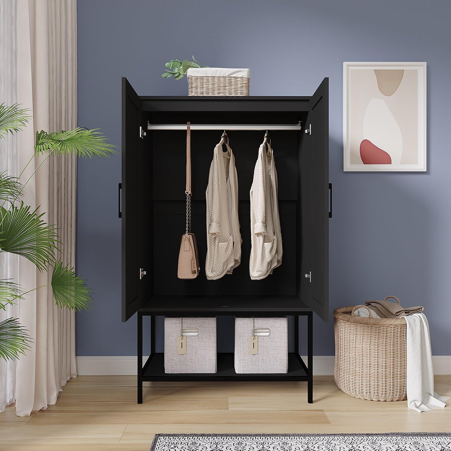 Gyger Wardrobe Closet with 2 Doors，Rattan Bedroom Armoires with Hanging Rod Freestanding Wooden Wardrobe Cabinet with Shelves,Black