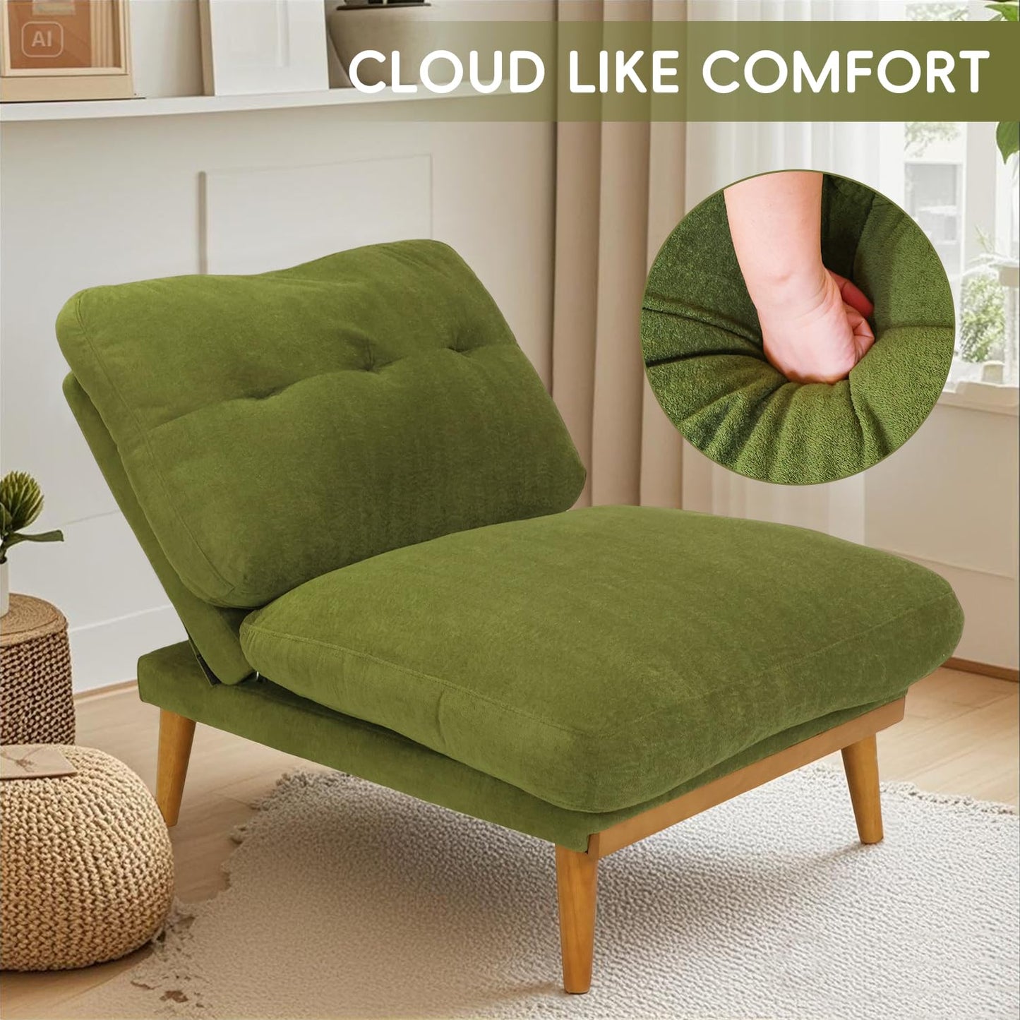 Modern Accent Chair with Ottoman - Cloud-Like Down-Filled Recliner, Adjustable Backrest Lounge Chair with Solid Wood Frame, Sherpa Fabric & Overstuffed Puffy Cushion for Living Room (Grass Green)