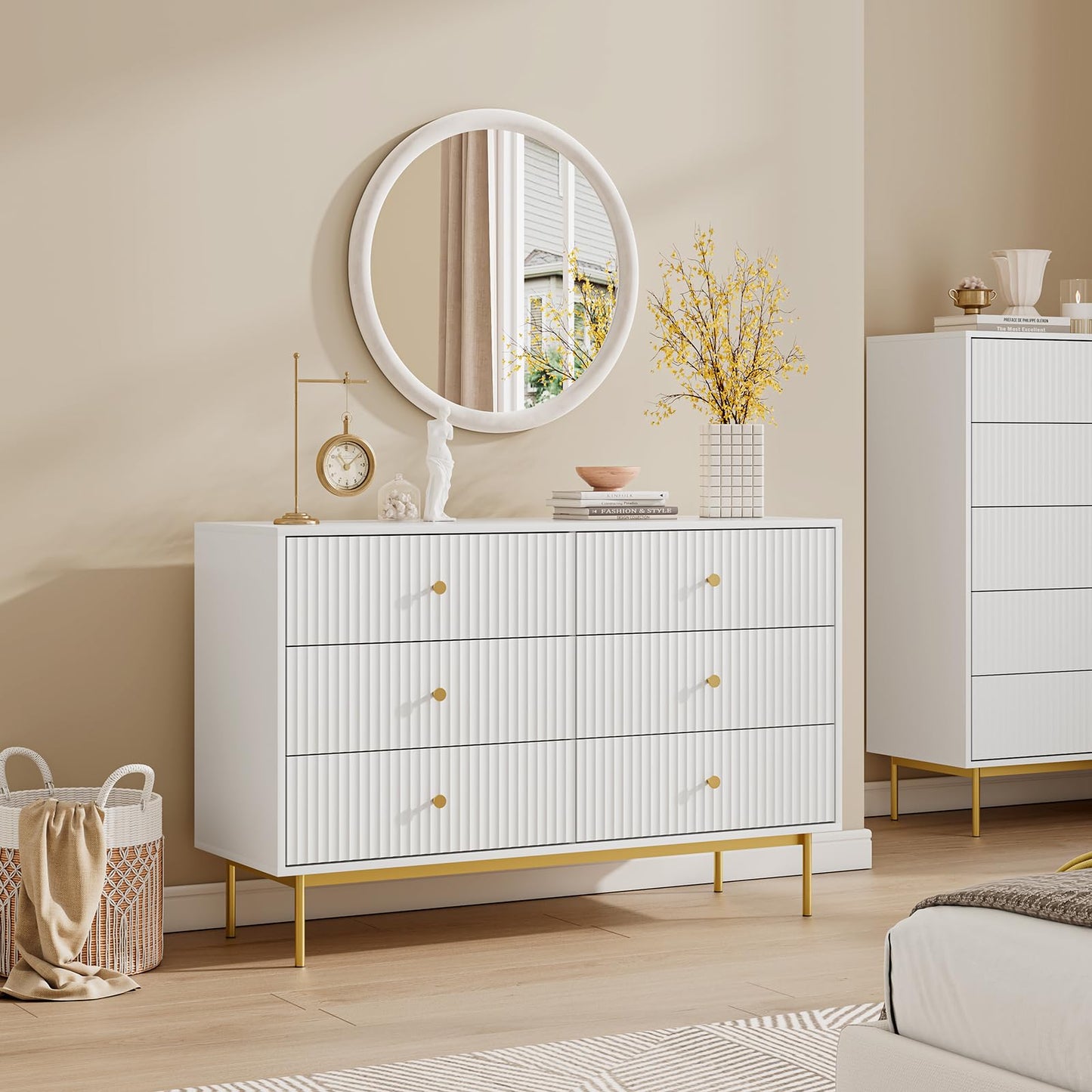 MAISONARIA 6 Drawer Double Dresser for Bedroom, White Dresser with Gold Handles, White 6 Drawer with Fluted Panels for Bedroom