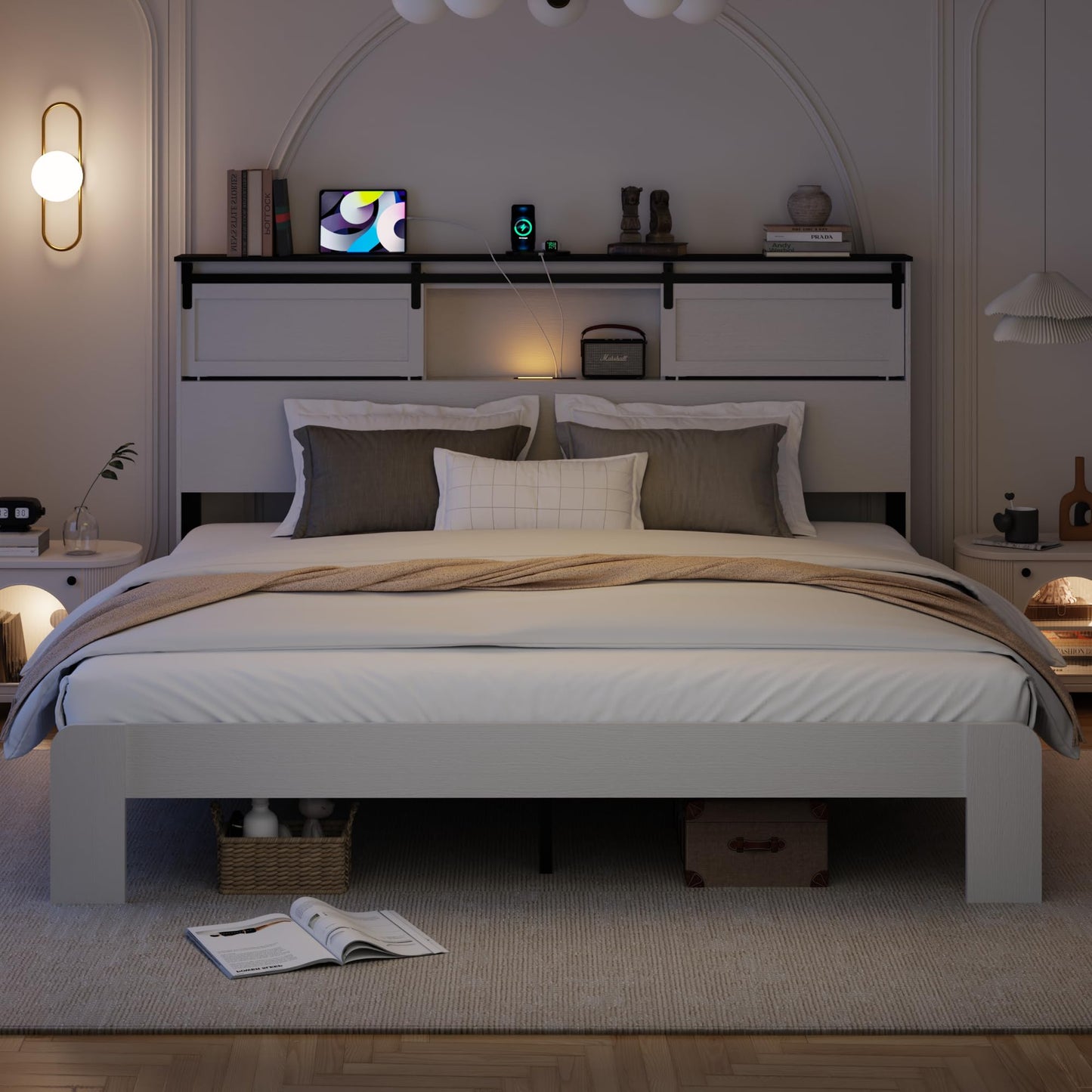 PAUKIN King Size Wooden Bed Frame with Storage Headboard,Boho Platform Bedframe with Sliding Barn Doors, LED Lights and Charging Station, Sturdy Metal Slat Support.(Boho White, King)