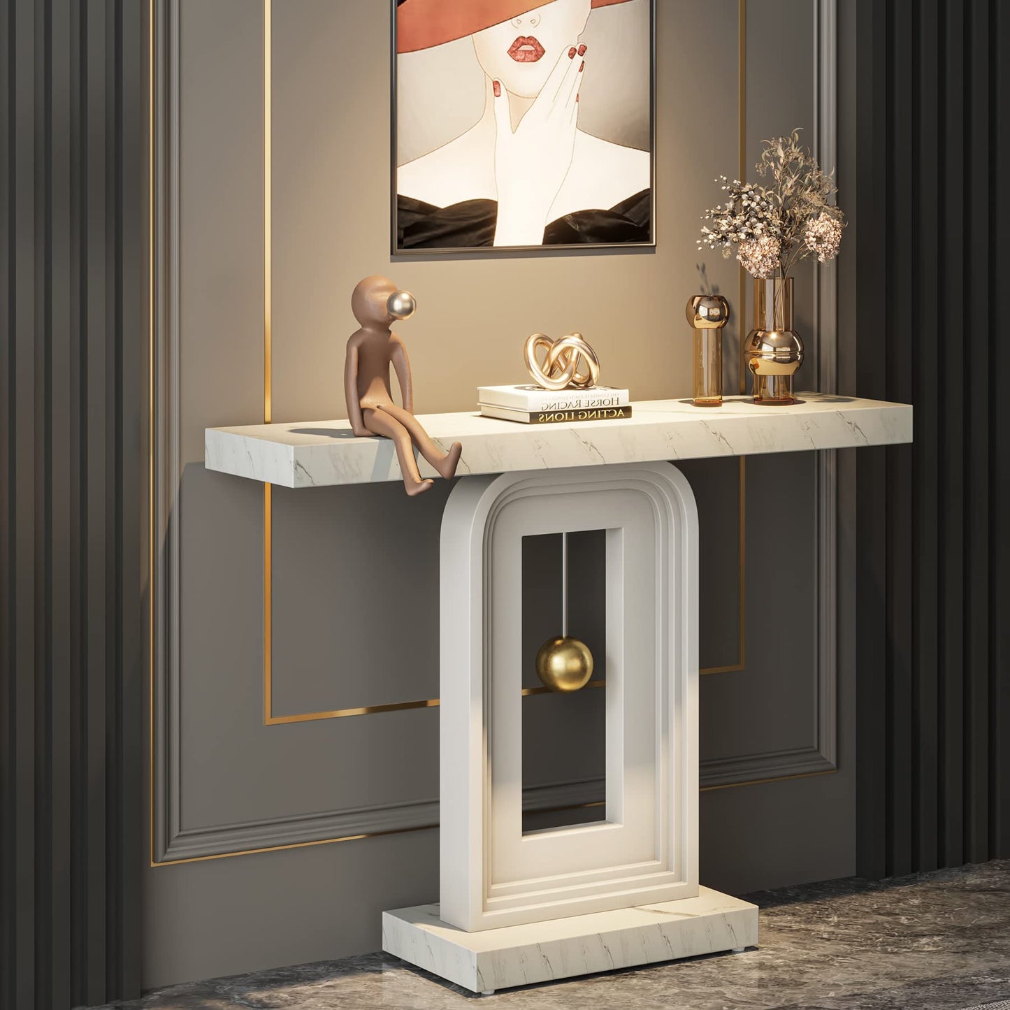 Tribesigns Modern Console Table, 40 Inches Narrow Sofa Entryway Table with Pendulum Shape Base, Contemporary Marble Accent Table for Living Room Hallway Entrance, White
