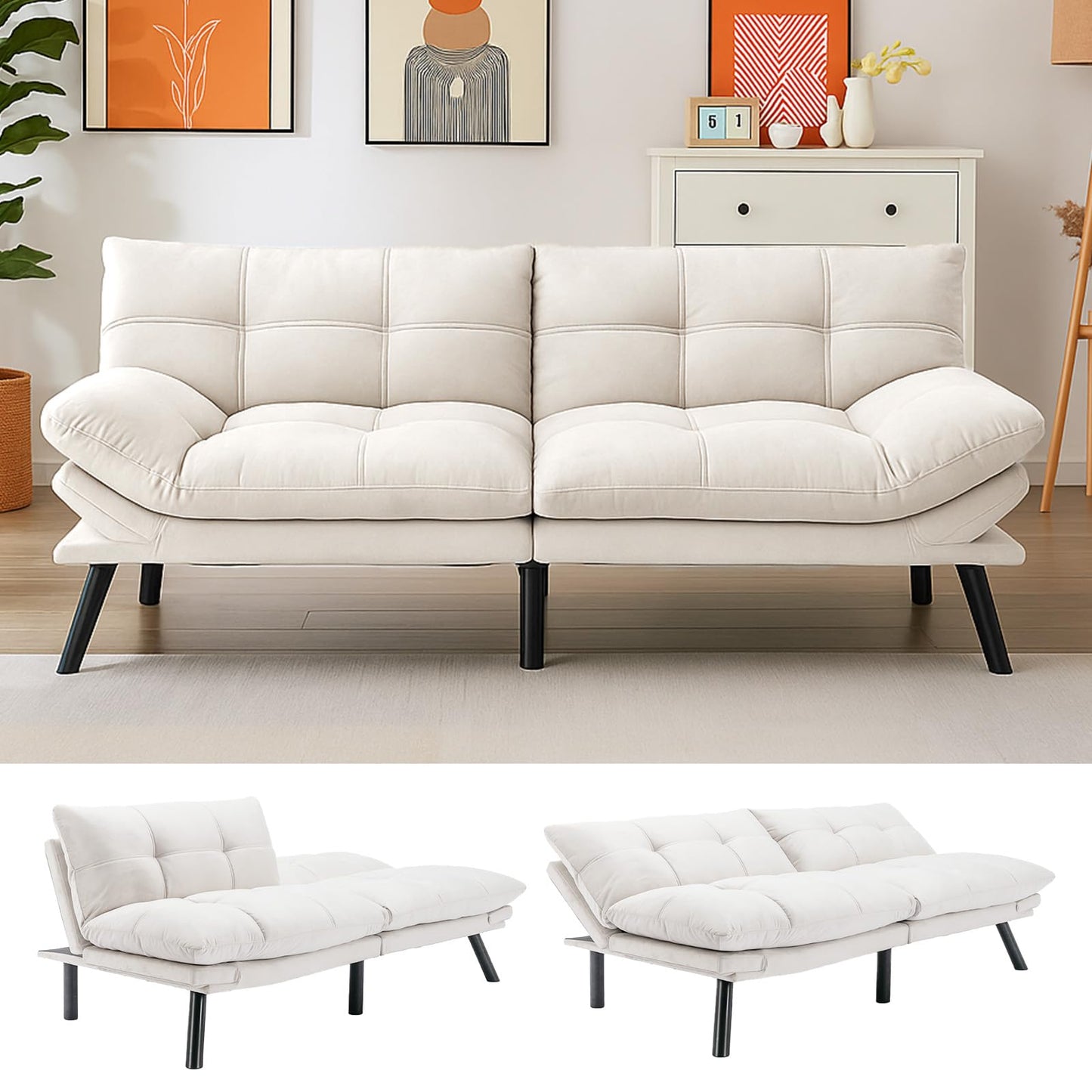 Comfortable Futon Sofa Bed, Memory Foam Loveseat, Convertible Adjustable Sofa Bed CouchSuitable for Office, Home, and Bedroom (White)