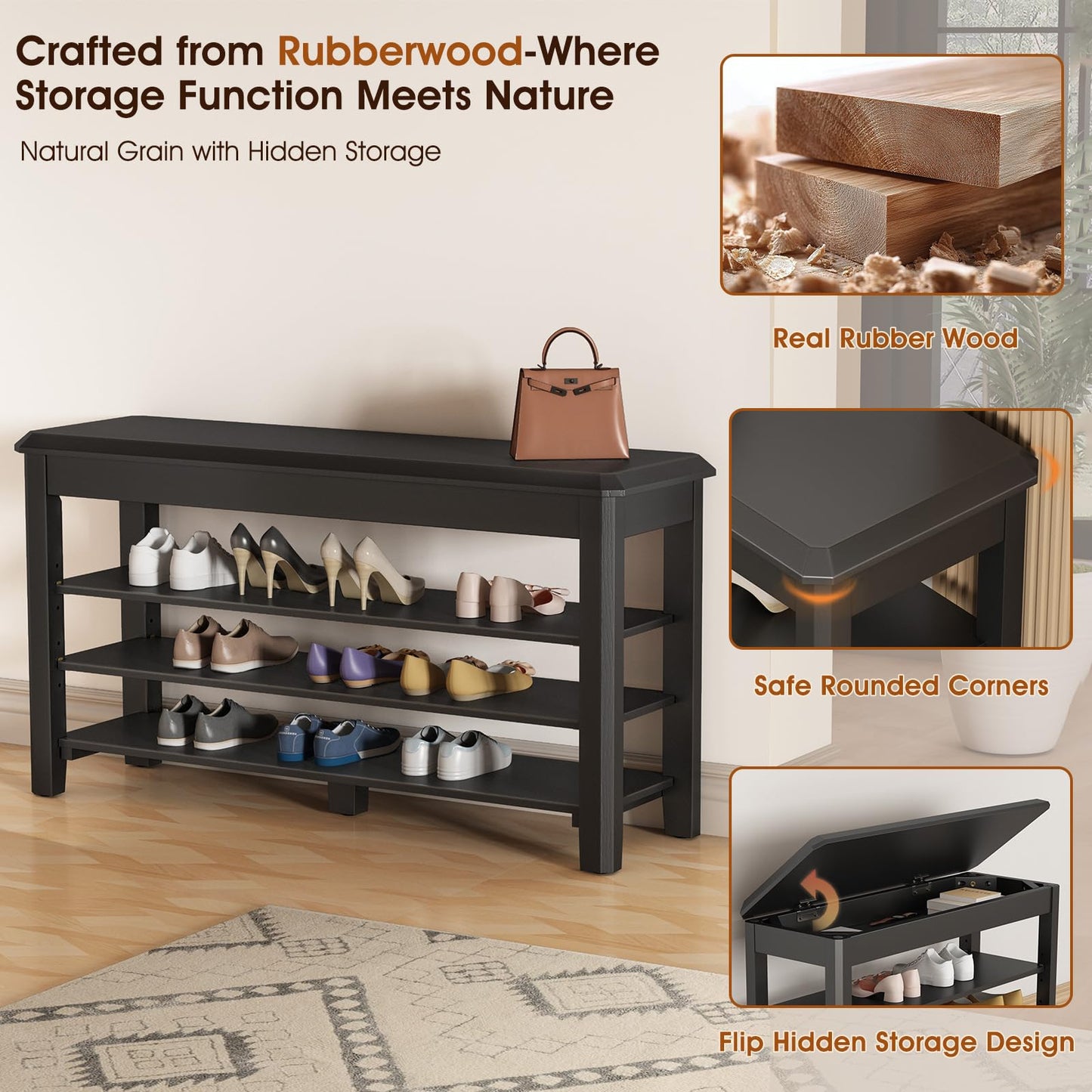 IUNVR Shoe Rack Bench Seat Rubberwood 3-Tier Wooden Storage Bench 550lbs Compact Mid-Century Modern Design for Entryway, Hallway, Closet, Front Door Entrance, Foyer