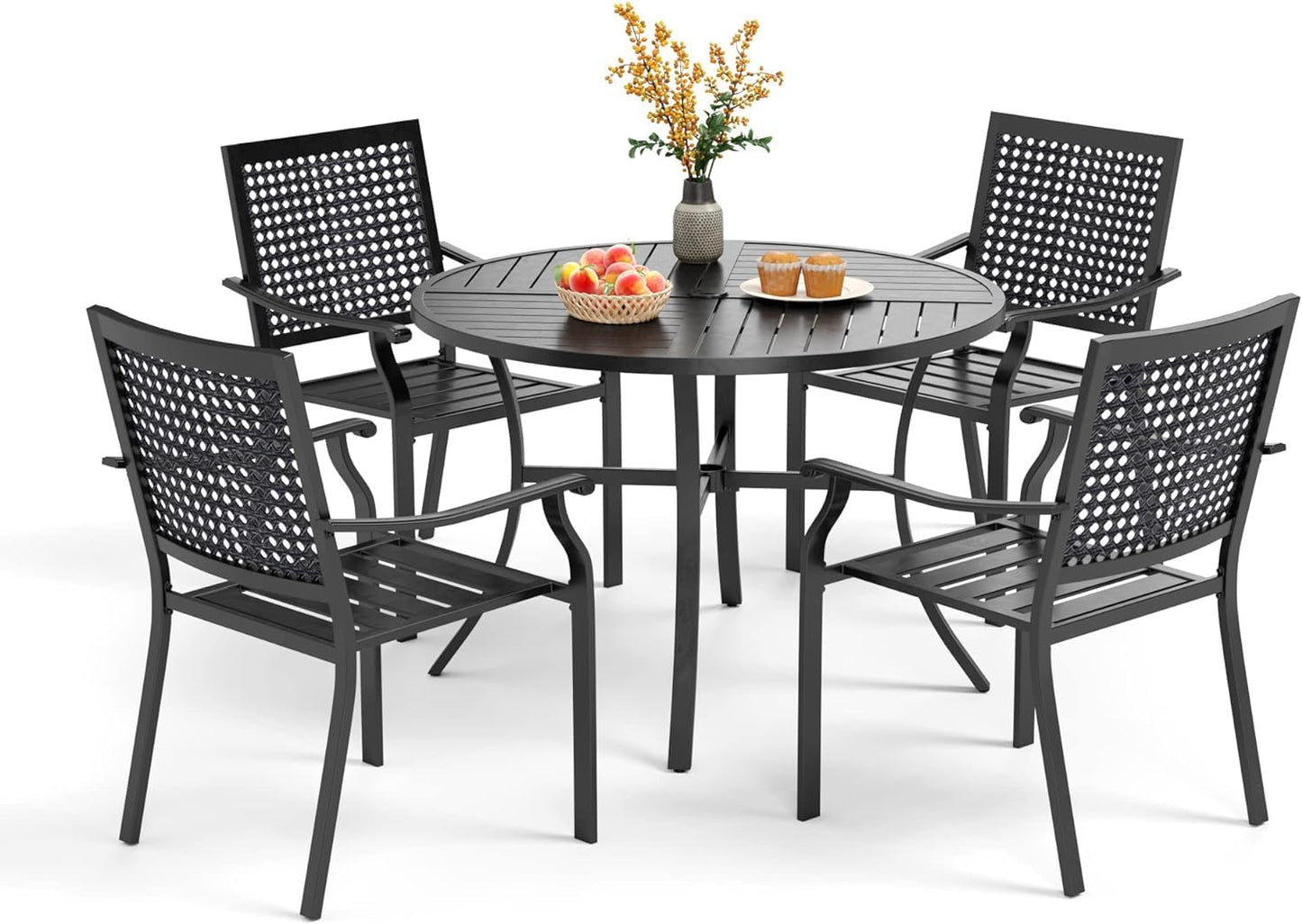 PHI VILLA 5 Pieces Outdoor Round Dining Set for 4, Steel Circle Table with Umbrella Hole & Stacking Wrought Iron Chairs, Morden Dining Furniture Set for Patio, Deck, Yard, Porch